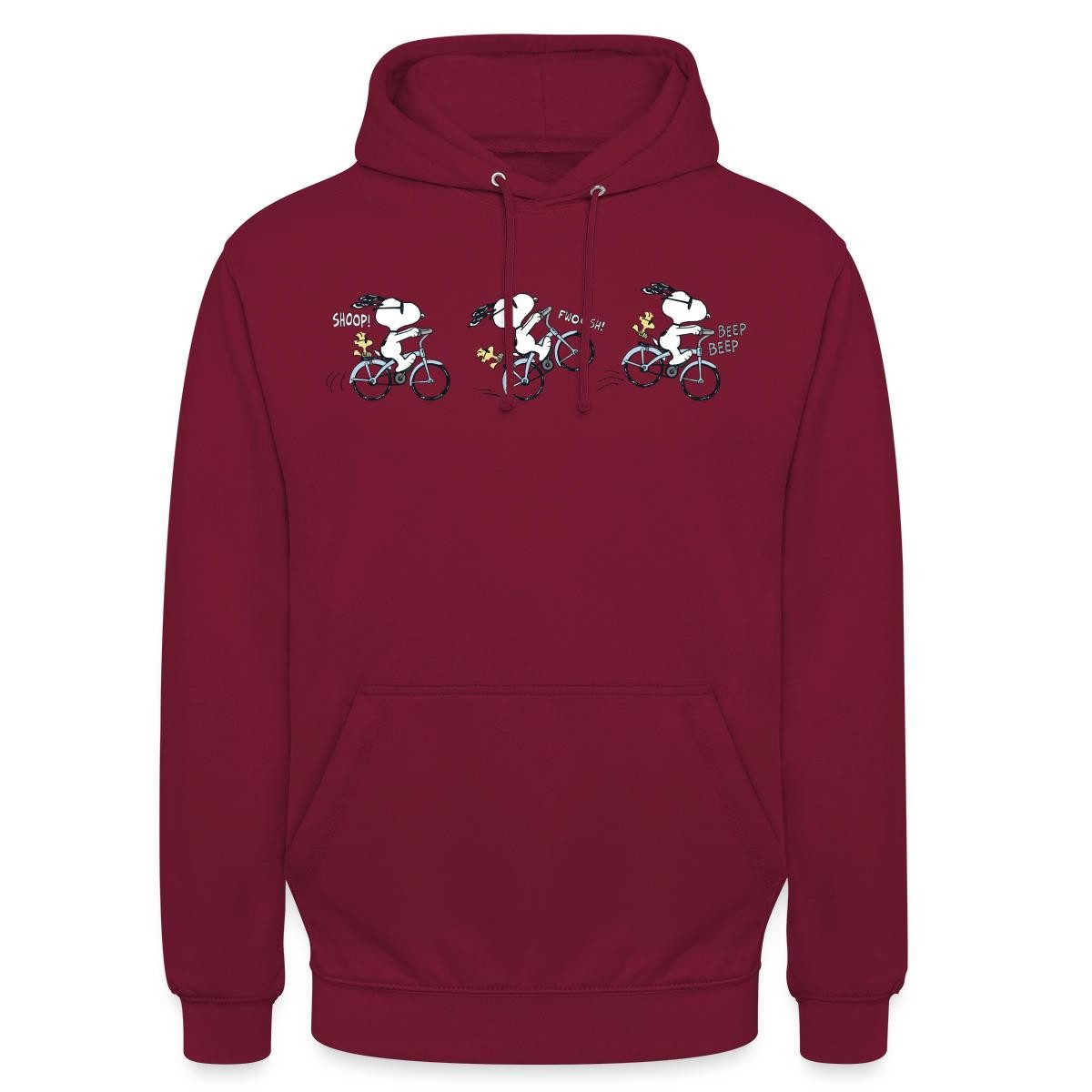Spreadshirt Hoodie Peanuts Snoopy Auf Fahrrad Unisex Hoodie (1-tlg) Unisex-Schnitt: Sitzt bei Männern körpernah, bei Frauen weit
