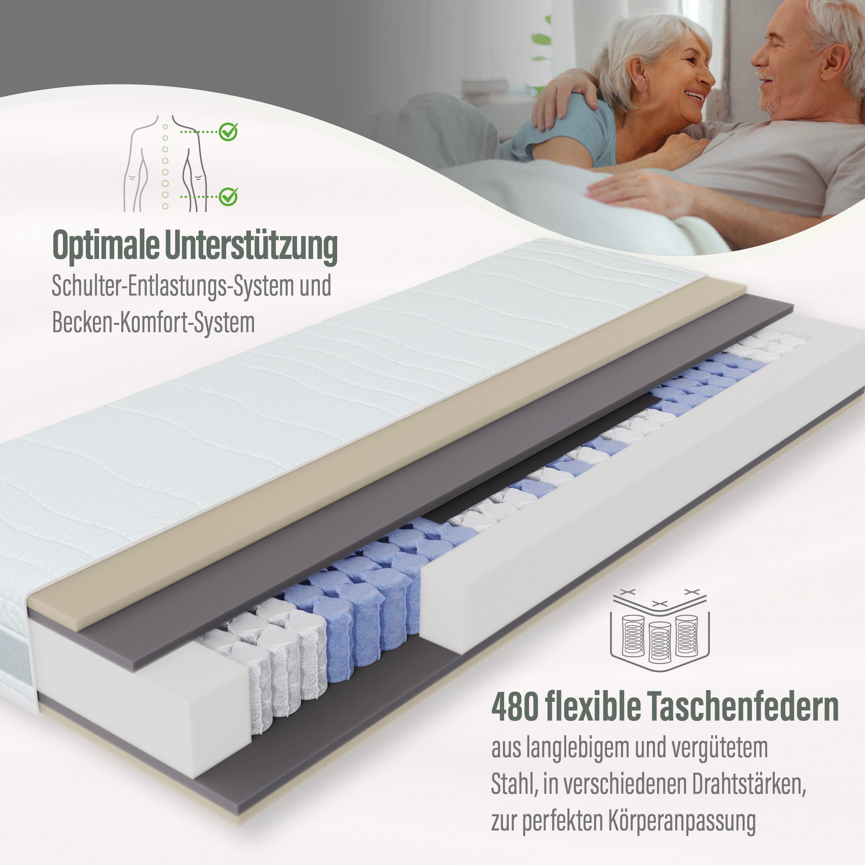 Taschenfederkernmatratze Feel Like Latex TWIN - GOLD, Matratze 90x200 cm, 140x200 cm und mehr, Beco, 22 cm hoch, Premium-Hybridmatratze für besten Schlafkomfort – Bild 3 von 5