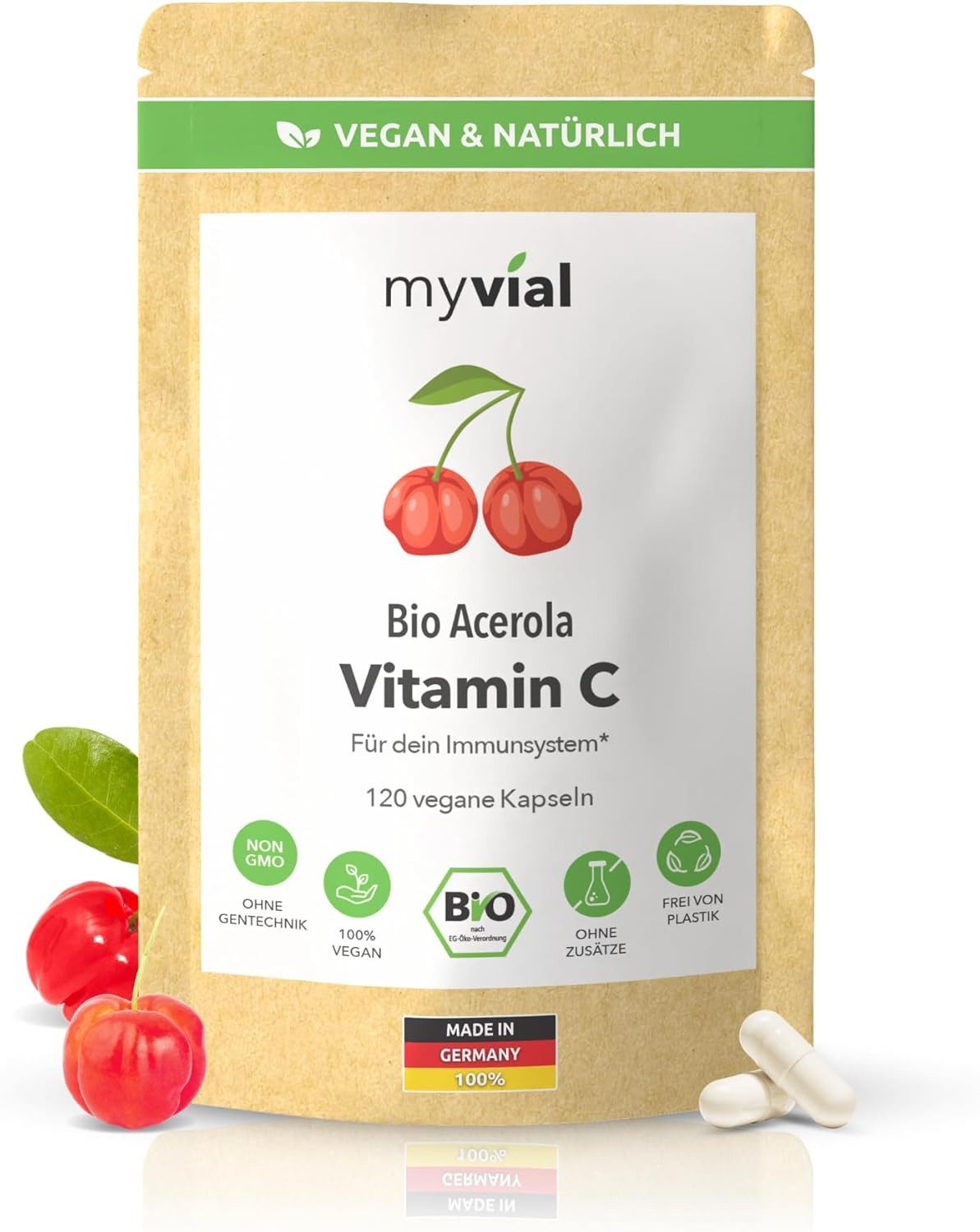 myvial Bio Vitamin C Kapseln aus Acerola - 68mg natürliches Vitamin C Kapseln, 120 vegane Kapseln, Acerola Kirsche, ohne künstliche Zusätze à 120 St., plastikfrei verpackt, 60 Tage Vorrat, höchste Qualität
