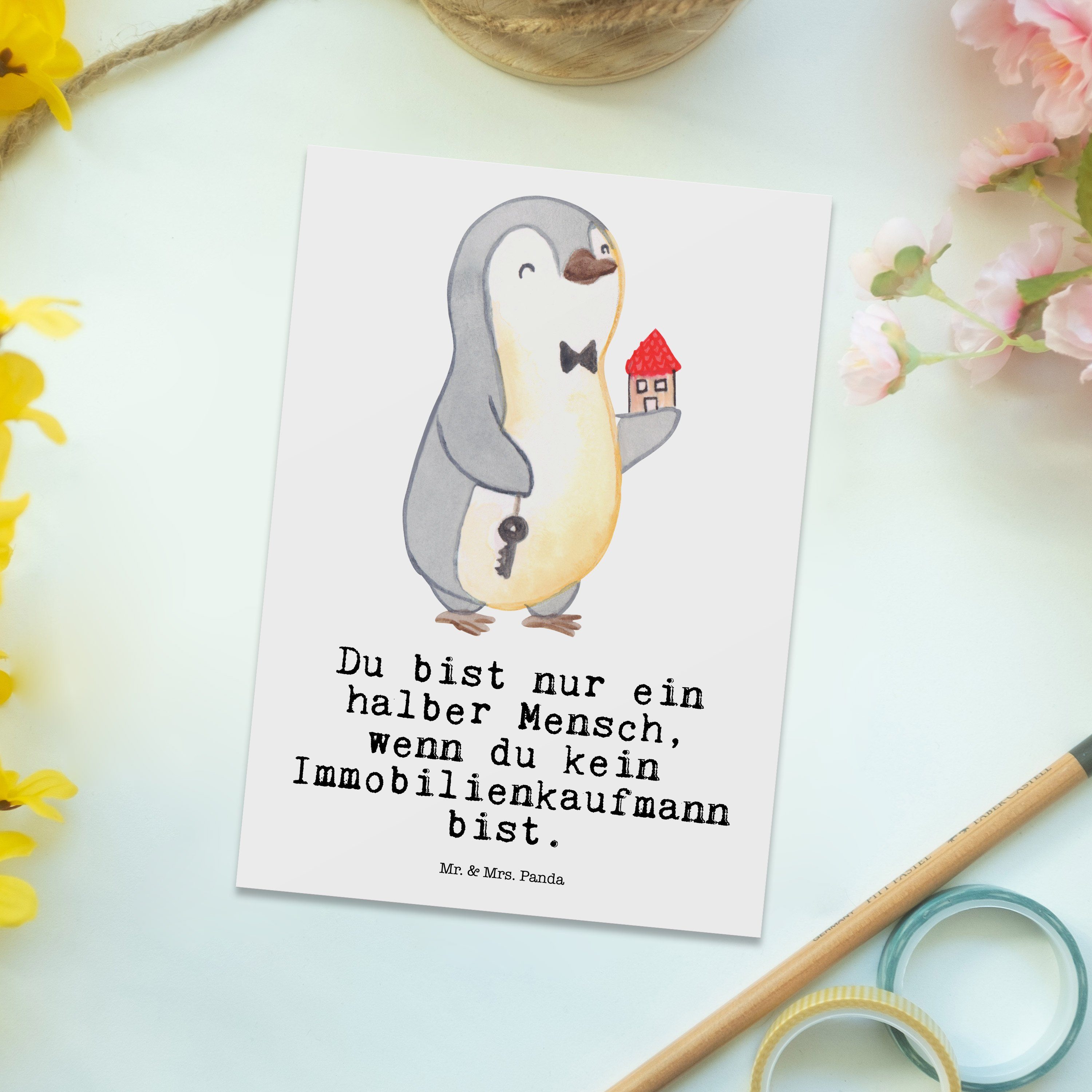 mit Immobil Panda Geschenk, Ansichtskarte, Postkarte & Mr. - Mrs. Herz Weiß Immobilienkaufmann -