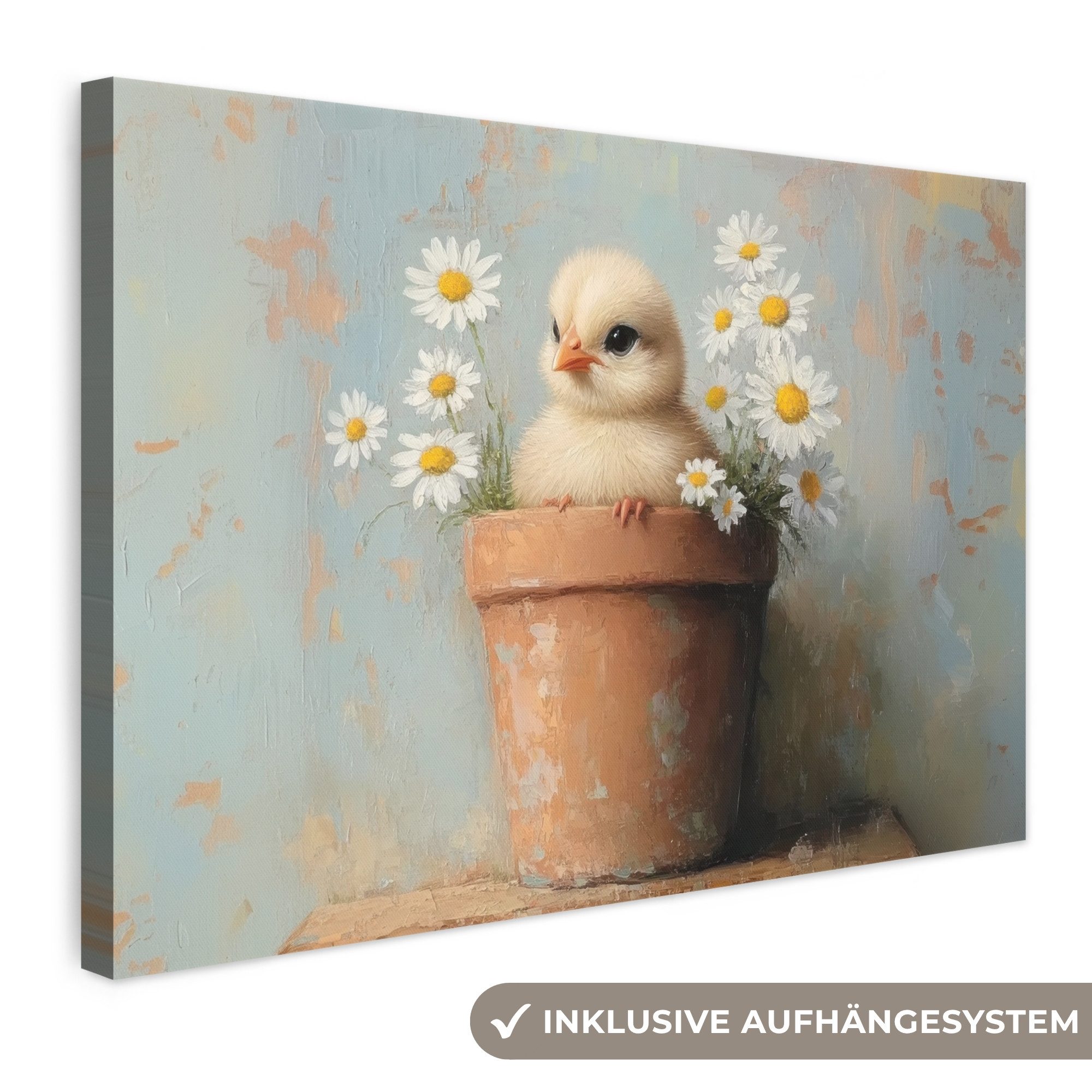 OneMillionCanvasses® Leinwandbild Blumentopf - Küken - Blumen - Ostern Deko, Fotodruck (1 St), Leinwand Bilder Klein, Wand Dekoration Aesthetic 30x20 cm