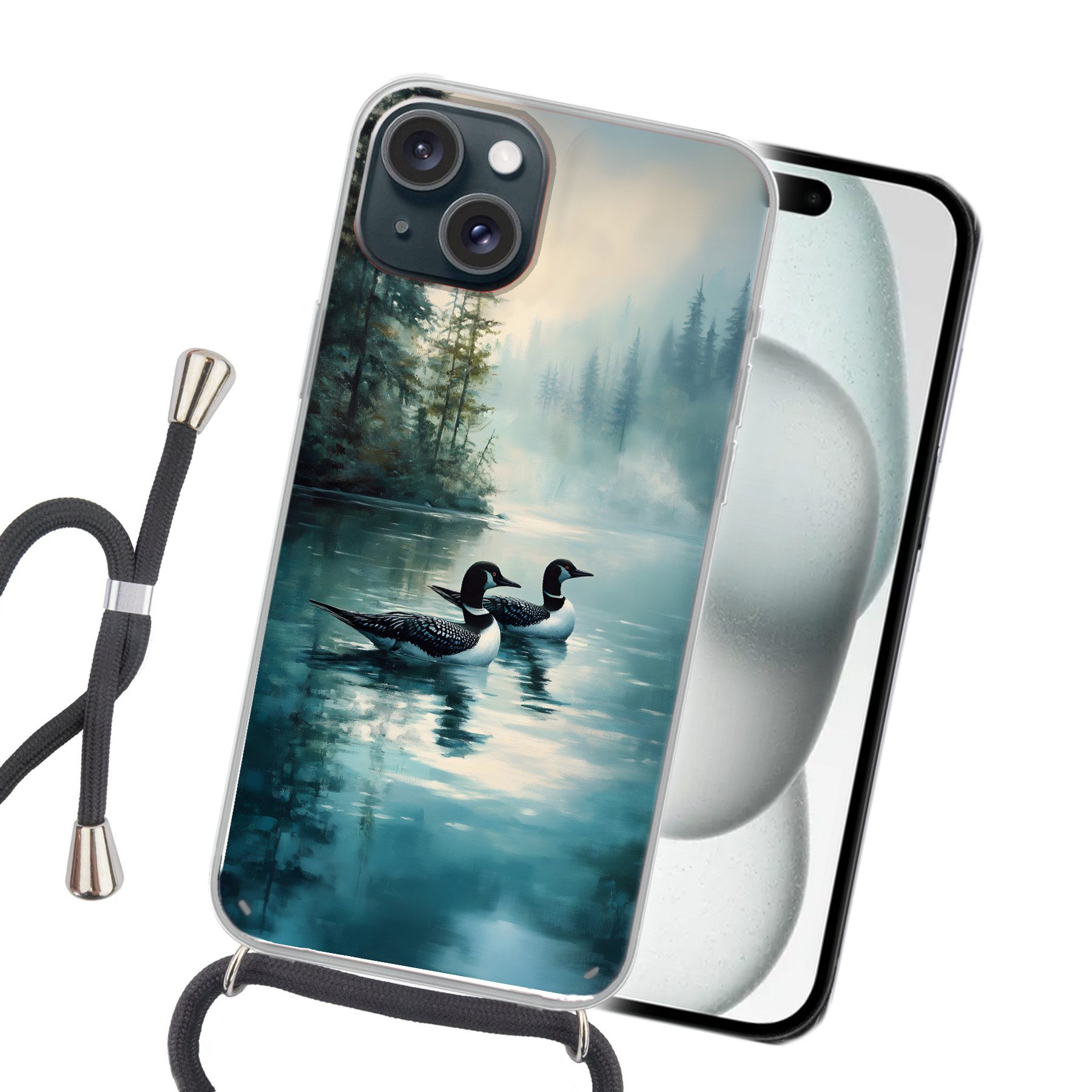 MuchoWow Handyhülle für Apple iPhone 15 Plus Wald - Wasser - Enten - Neblig, Tragbare Handyhüllen mit Kette zum umhängen, Handykette Handyband