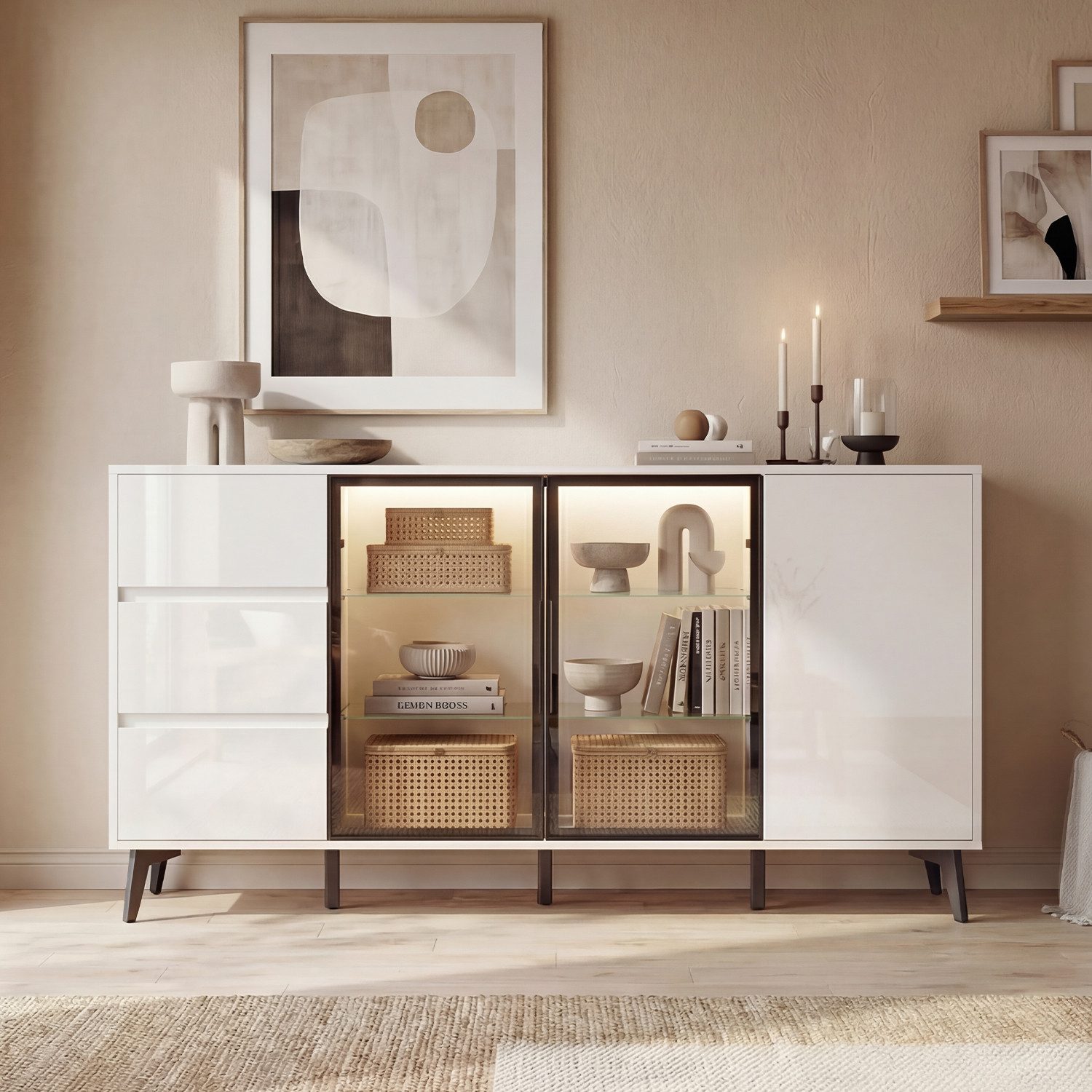 HOMSEE Sideboard Hochglanz mit LED-Beleuchtung, 3 Türen und 3 Schubladen (1 St), Viel Stauraum für Wohnzimmer & Laden, 3-farbige USB-LED-Leiste