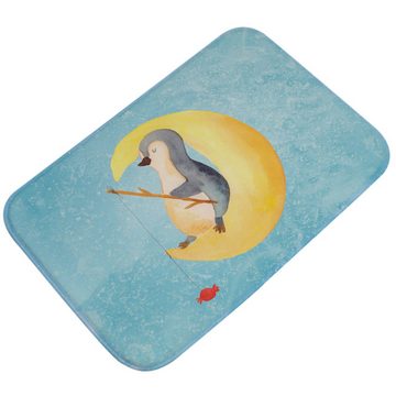 Badematte Pinguin Mond - Eisblau - Geschenk, Badvorleger, Duschteppich, Bademat Mr. & Mrs. Panda, Höhe 1 mm, 100% Polyester, rechteckig, Stil-Statement