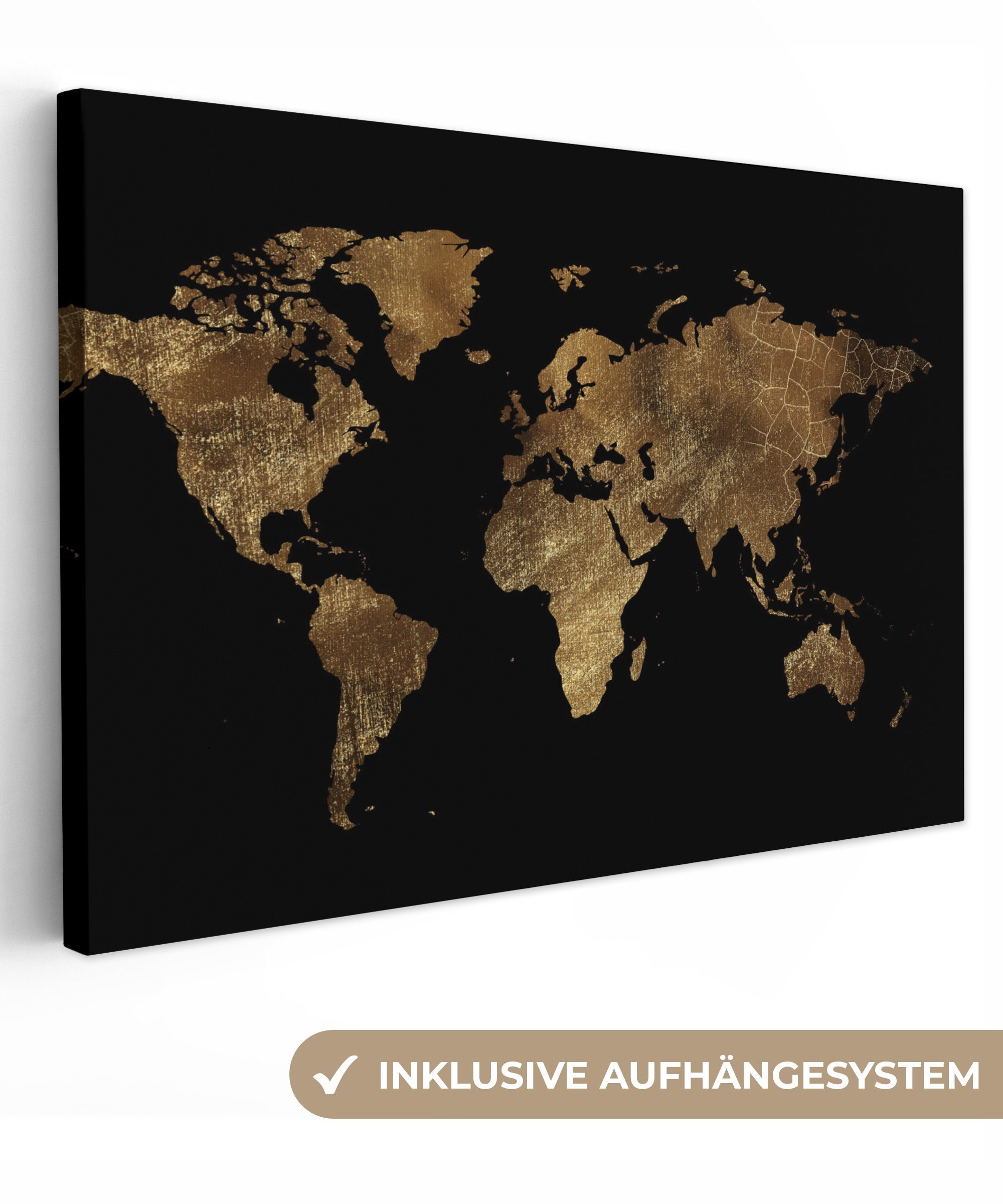 OneMillionCanvasses® Aufhängefertig, 30x20 - - - Wandbild (1 Leinwandbild Wanddeko, - Erde Leinwandbilder, Weltkarte cm Gold St), Luxus Schwarz,