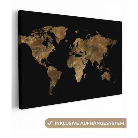 OneMillionCanvasses® Leinwandbild Weltkarte - Gold - Luxus - Erde - Schwarz, (1 St), Wandbild Leinwandbilder, Aufhängefertig, Wanddeko, 30x20 cm