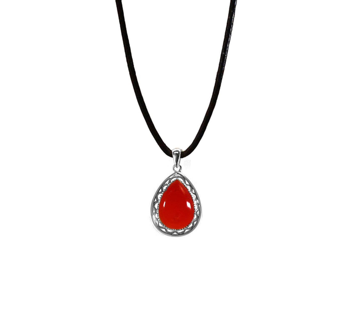 Kette mit Anhänger Halskette mit Tropfen Anhänger aus Naturstein, Ziegenleder und Silber