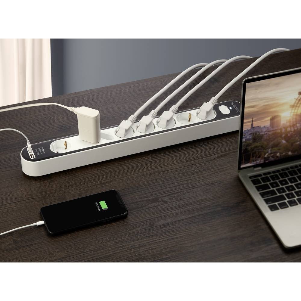 Schalter mit 8-fach-Steckdosenleiste Sygonix mit 2x USB-A Steckdosenleiste, USB, Anschlüssen mit