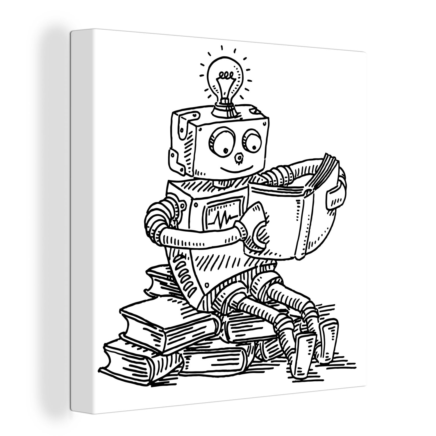 OneMillionCanvasses® Leinwandbild Eine handgezeichnete Illustration eines Roboters, der ein Buch liest, (1 St), Leinwand Bilder für Wohnzimmer Schlafzimmer