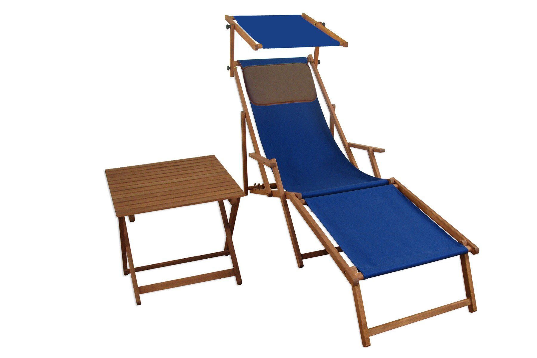 Gartenliege Sonnenliege blau Strandliege Holzliege Fußteil Sonnendach Tisch Kissen