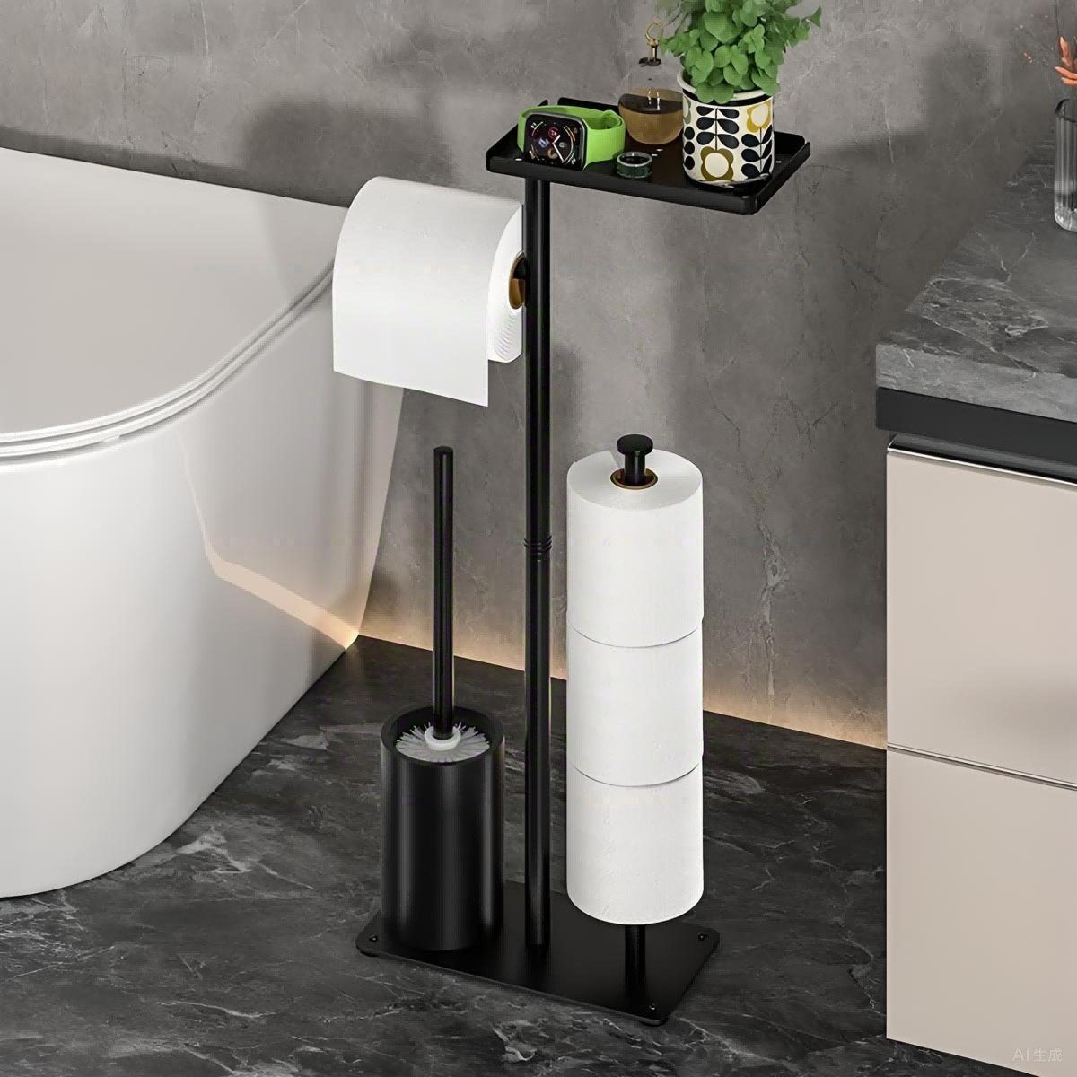 Forrlite Toilettenpapierhalter Toilettenpapierhalter mit Tablett,WC-Bürste,WC-Garnitur 4 in1 (Toilettenpapierhalter aus Edelstahl, Modernes Design, integrierter WC-Bürstenhalter, Freistehender Toilettenpapierhalter mit Ablagefach und Fach für Ersatzrolle), 26x16x60cm( LxBxH) ,Freistehender Toilettenpapierhalter