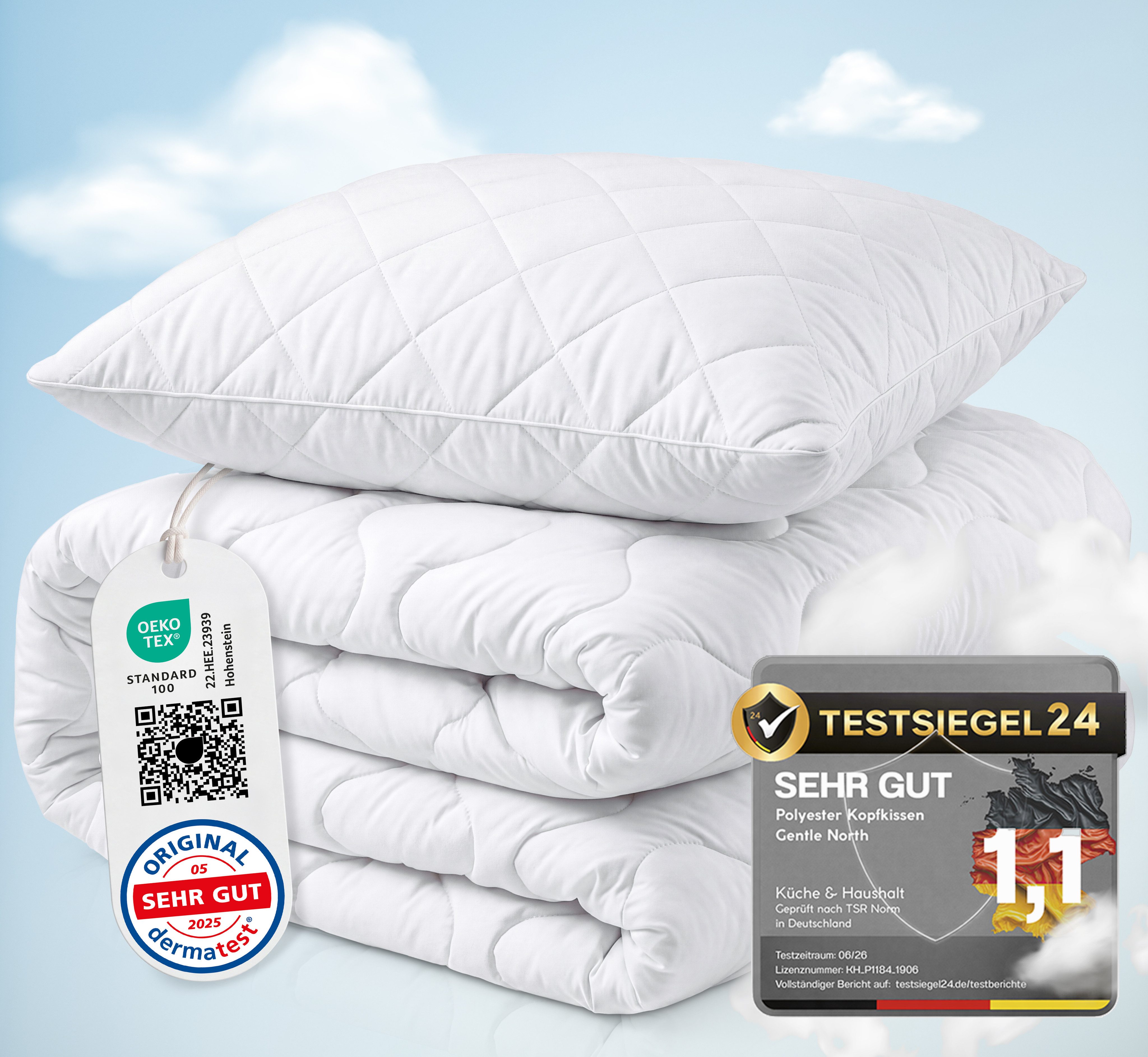 Gentle North Microfaserbettdecke + Kopfkissen Bettdecke & Kopfkissen - 2-Set Kopfkissen - Ganzjahresdecke, Füllung: 100% Polyester, Reißverschluss beim Kissen - waschbar - allergikerfreundlich