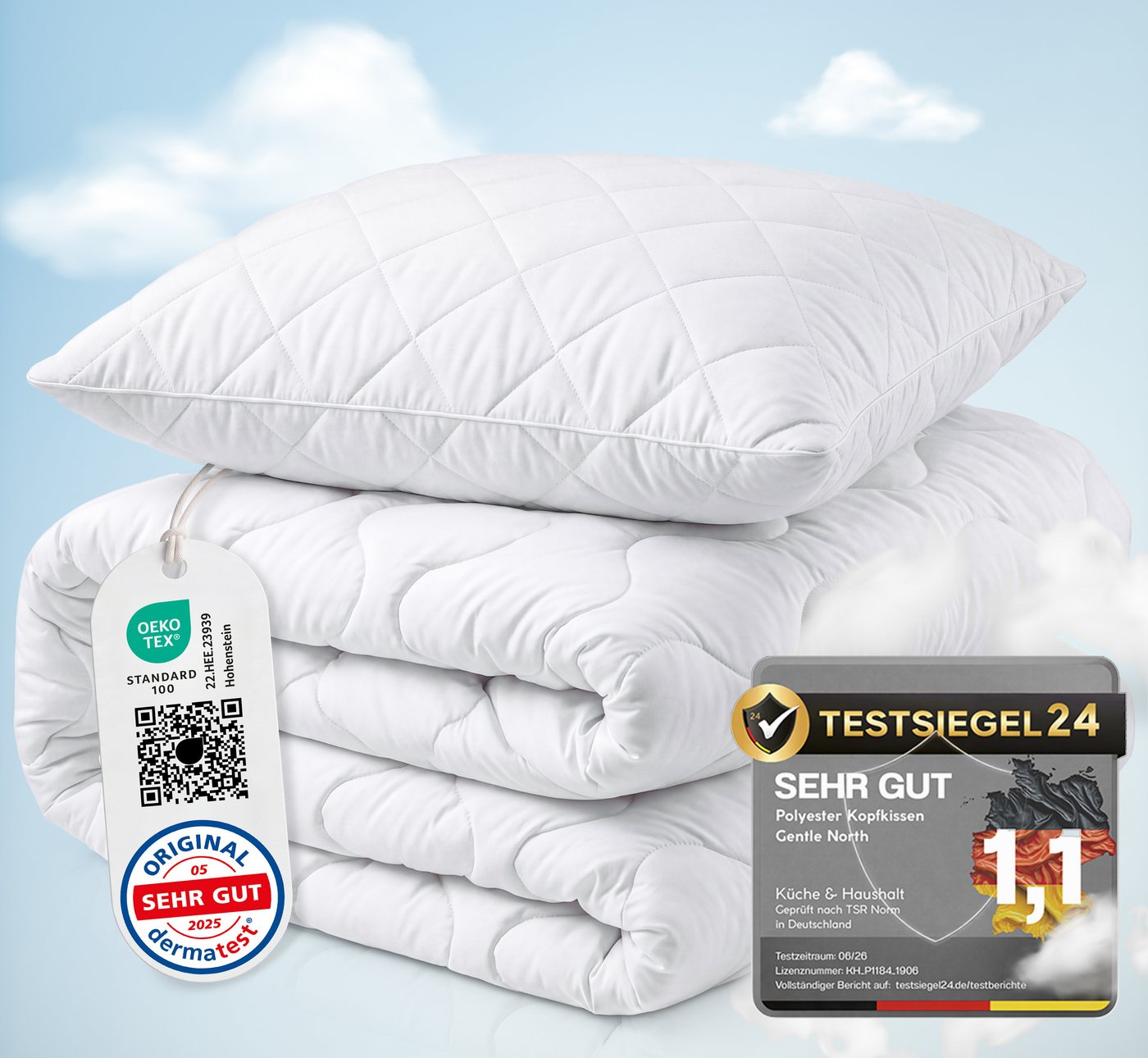 Gentle North Microfaserbettdecke + Kopfkissen Bettdecke & Kopfkissen - 2-Set Kopfkissen - Ganzjahresdecke, Füllung: 100% Polyester, Reißverschluss beim Kissen - waschbar - allergikerfreundlich