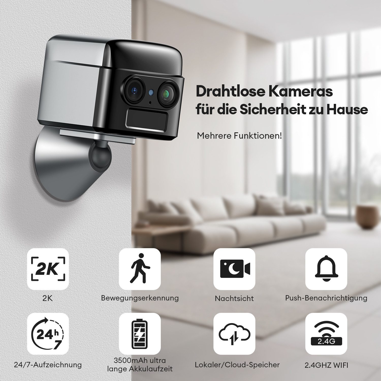 CkeyiN Pro Überwachungskamera Innen,2K Mini Kamera kabellos mit Nachtsicht & AI-Alarm (Innenbereich, Bewegungserkennung,2-Wege-Audio, Unterstützung für die Anzeige durch mehrere Personen)