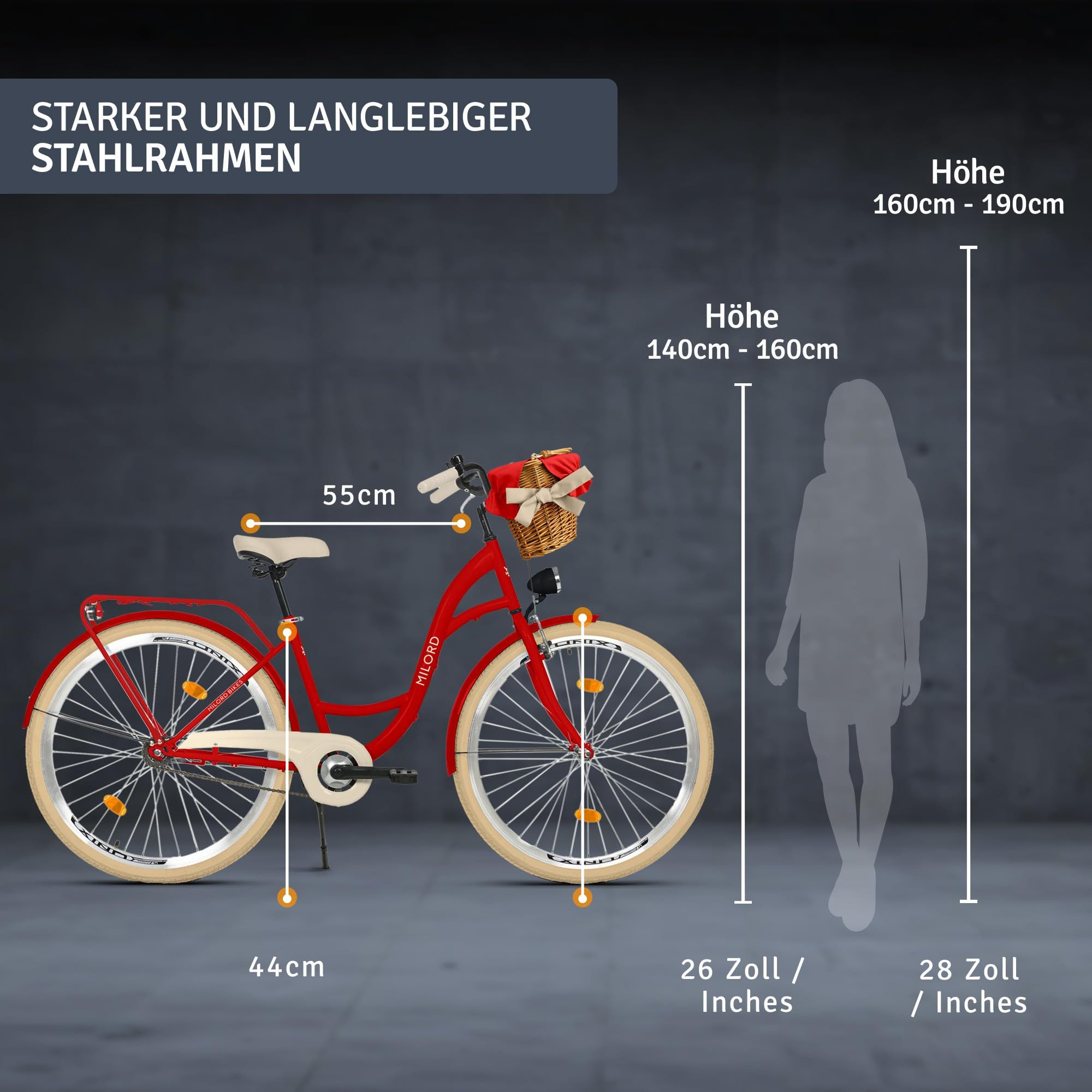 Milord Cityrad Milord City Fahrrad Weidenkorb Damenfahrrad, 28/26 Zoll, Rot, 1-Gang, 1 Gang, (Fahrradständer, Gepäckträger, Klingel, Korb, Kotflügel)