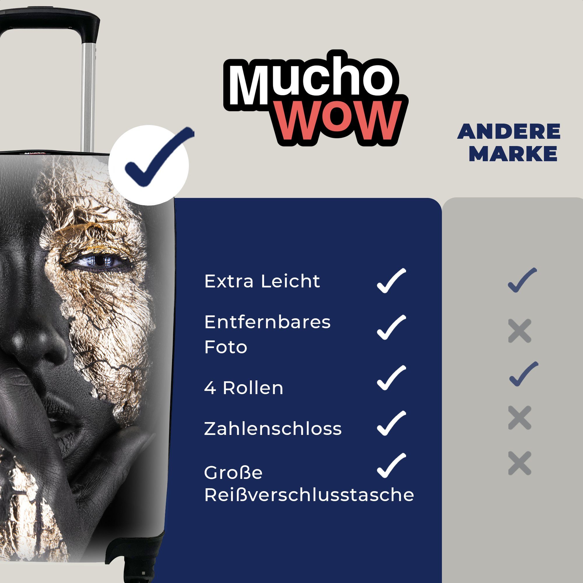 MuchoWow Handgepäckkoffer Gold Ferien, mit Reisekoffer - rollen, Trolley, - Reisetasche Frau, 4 Rollen, Schwarz Handgepäck für