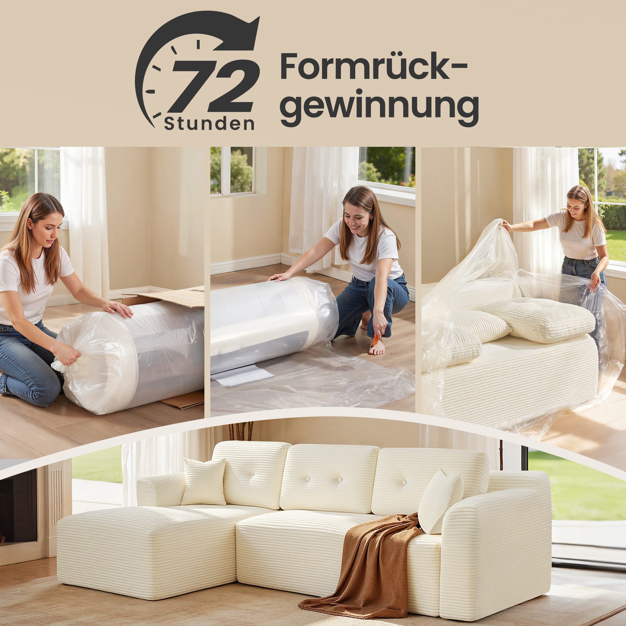 VASAGLE Ecksofa modulares Sofa 244 cm breit vakuumverpackt, Schlafsofa, keine Montage erforderlich, mit großer Chaiselongue