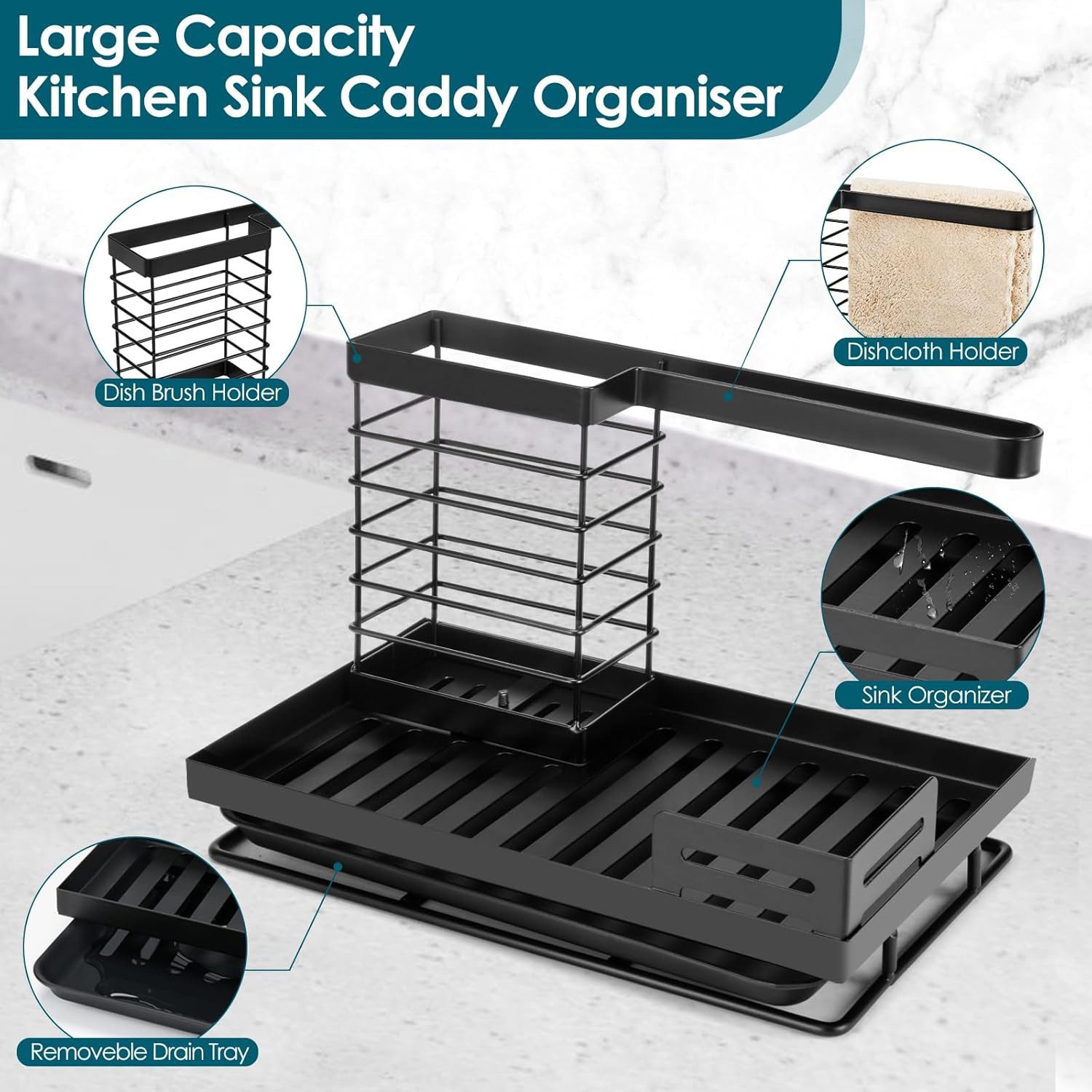 Refined Living Küchenorganizer-Set Spülbecken Organizer Küchen, Spüllappenhalter mit Abflusspfanne, (Schwammhalter, Spülmittel Halterung Küche, Waschbecken Abwa – Bild 3 von 5