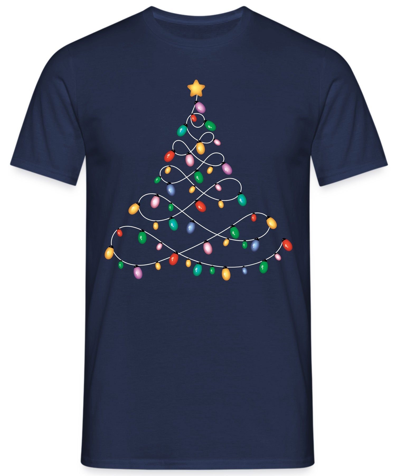 Weihnachtsgeschenk Formatee - Lichterkette Blau X-mas Navy Kurzarmshirt Quattro Weihnachten Weihnachtsbaum (1-tlg)