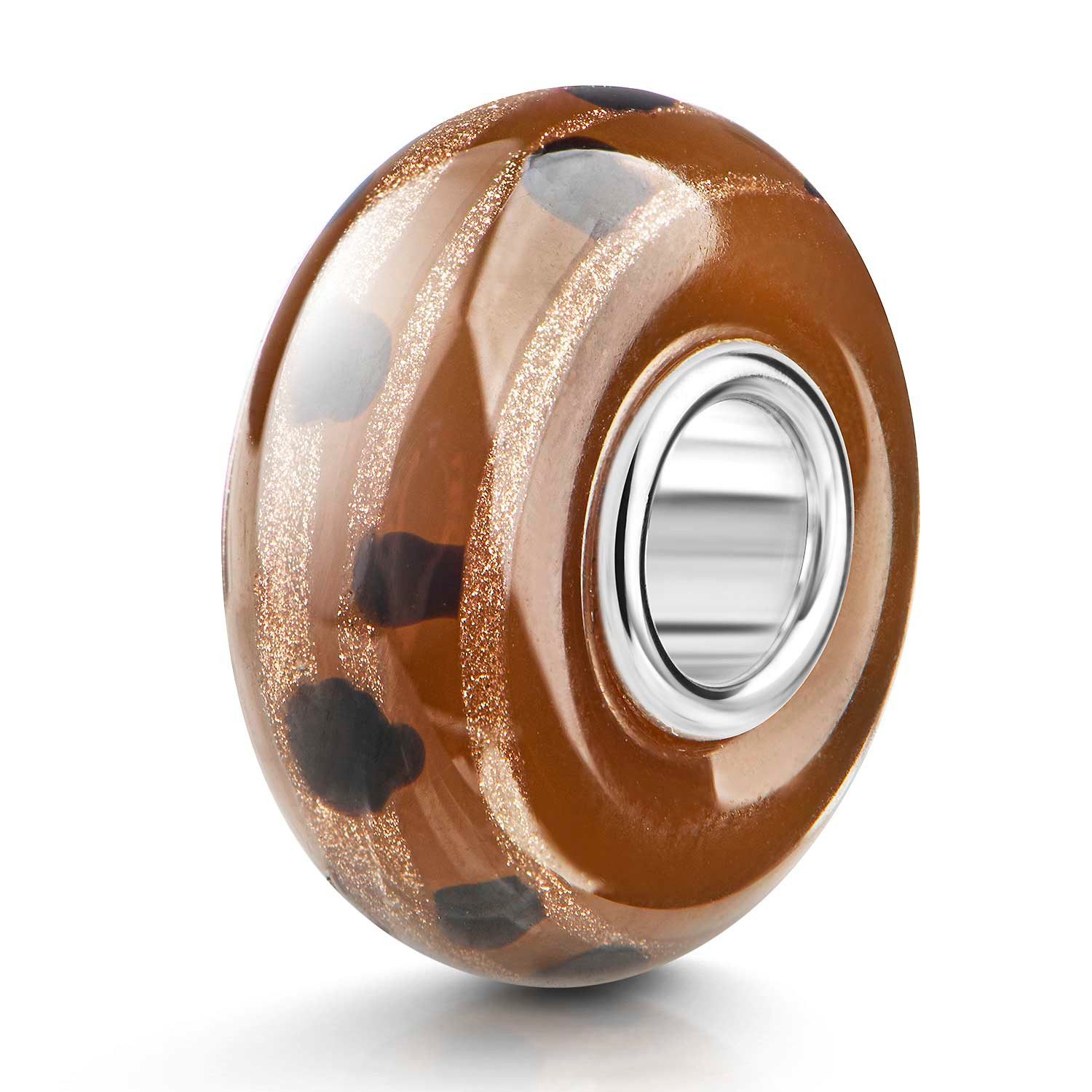 Materia Bead Glasperle Braun Gold Glitzer Hülse 925 Silber 1070, Hülse aus 925 Sterling Silber