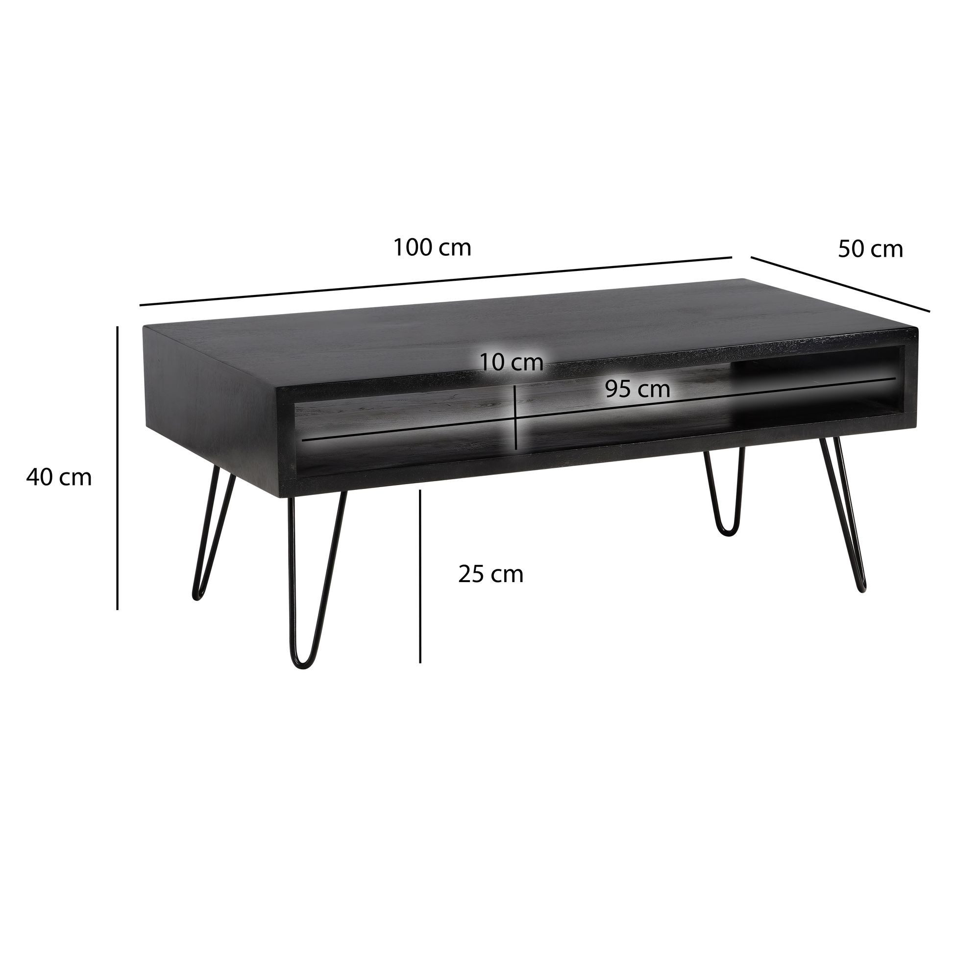 FineBuy Couchtisch Mango Massivholz schwarz 100x50 cm · rechteckiger Wohnzimmertisch mit Ablagefach · Massivholztisch mit Hairpin-Beinen im modernen Industrial  – Bild 3 von 5