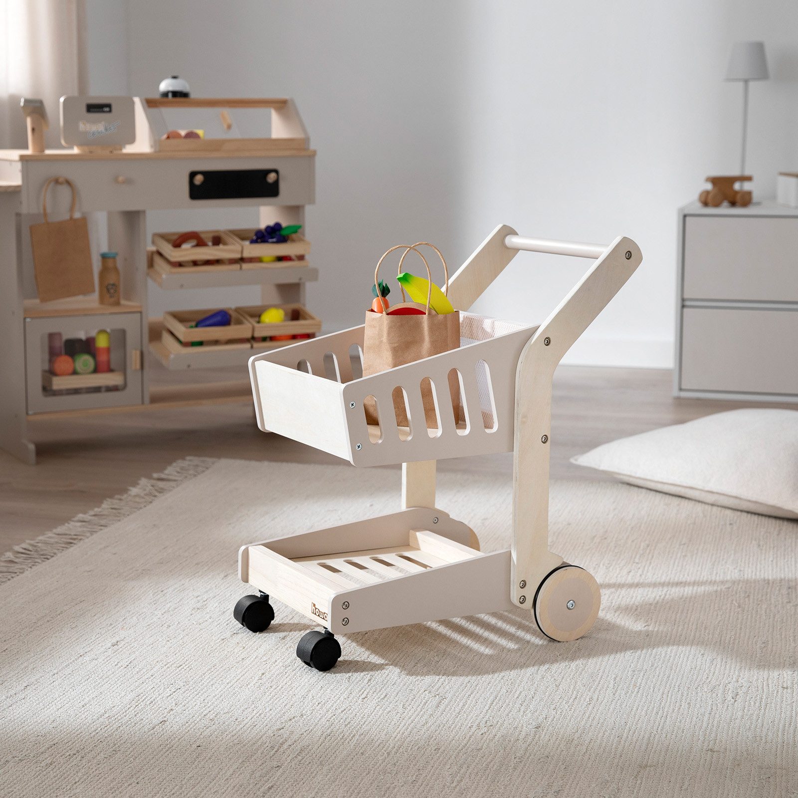 howa Spiel-Einkaufswagen, Spielzeug Einkaufswagen aus Holz– Kaufladen Zubehör natur, beige