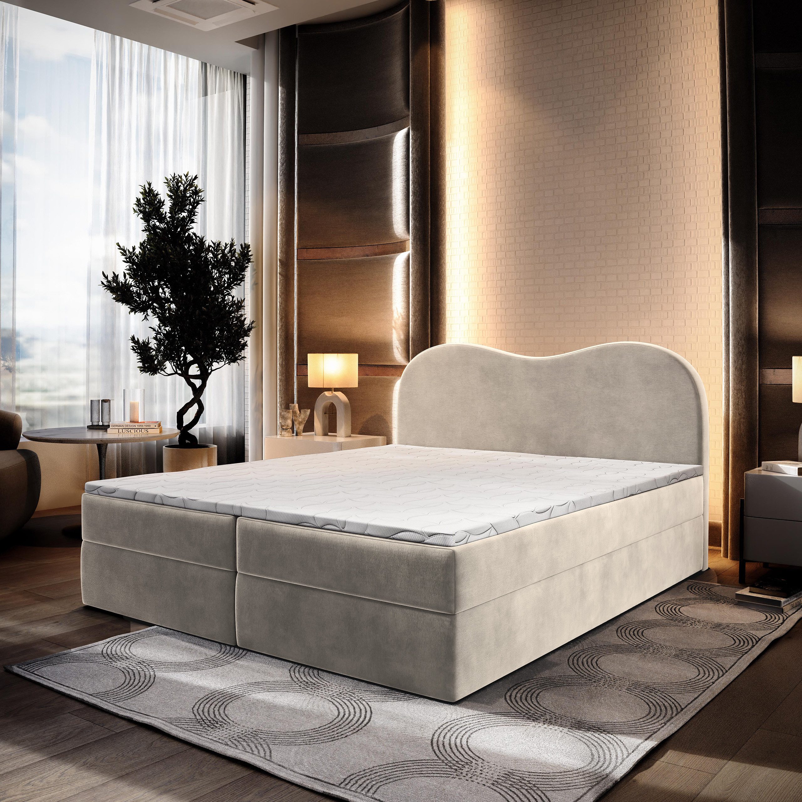 Masseno Boxbett FLUVIA 160x200 cm mit Bonell Matratze und Topper, Doppelbett, Polsterbett mit Kopfteil, Boxspringbett