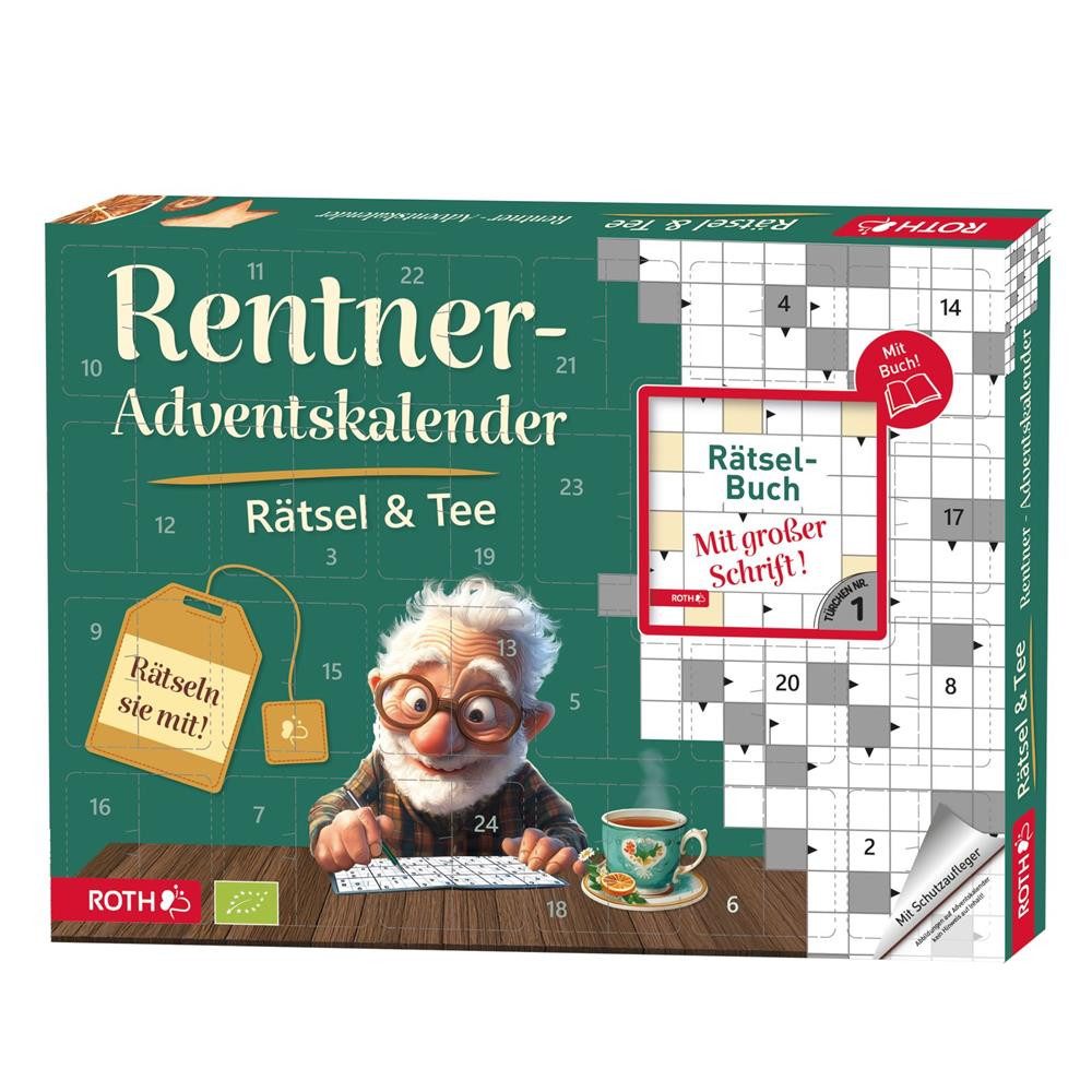 Roth Tee Rentner-Rätsel & Bio-Tee Adventskalender 24 Teesorten mit Rätselbuch, Große Schrift, Denksport, Genussmomente, Teevielfalt, Winterzeit