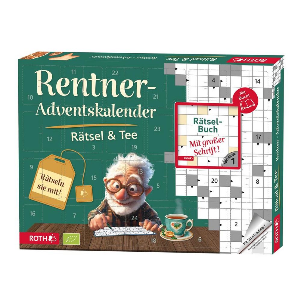 Roth Tee Rentner-Rätsel & Bio-Tee Adventskalender 24 Teesorten mit Rätselbuch, Große Schrift, Denksport, Genussmomente, Teevielfalt, Winterzeit