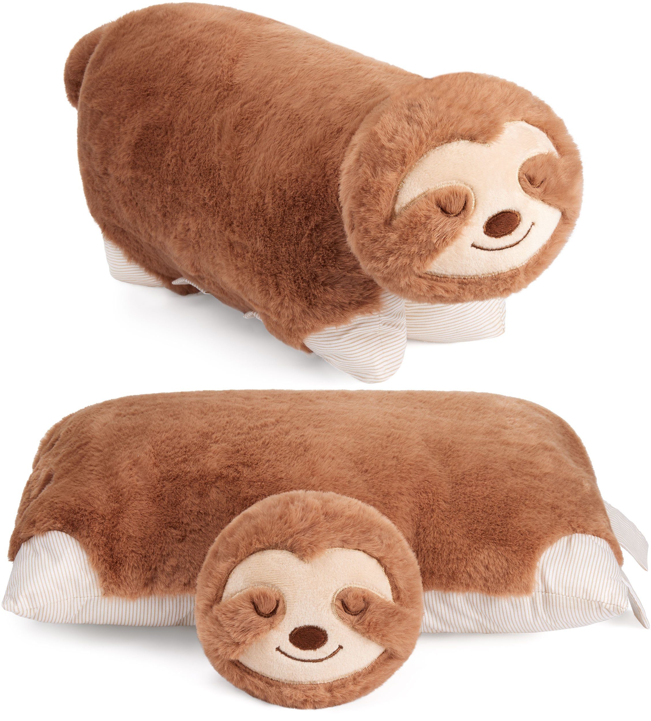 BRUBAKER Kuscheltier Faultier - 2 in 1 Stofftier und Kuschelkissen - 40 x 30 cm Dekokissen (Plüschtier - Kuscheltierkissen, 1-St., Tierkissen Faultierkissen), aufklappbares Kinder Plüschkissen mit Klettverschluss