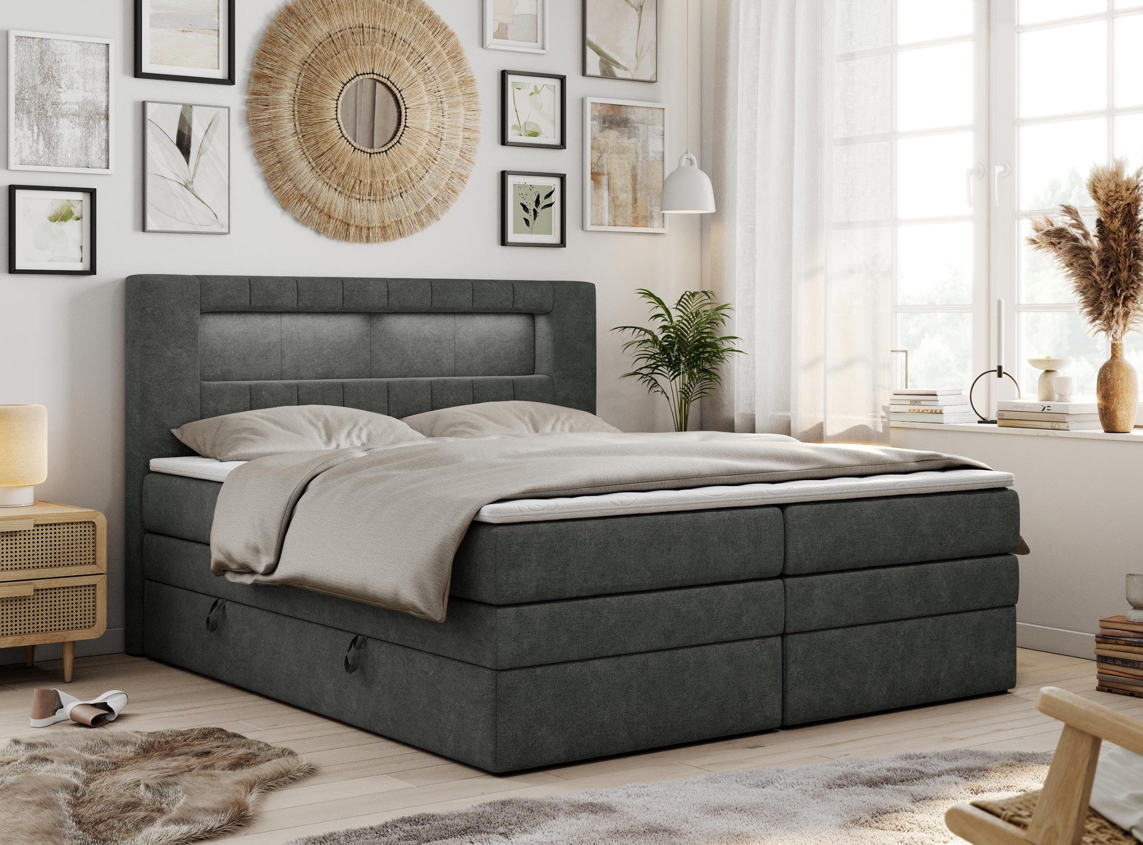 MKS MÖBEL Boxspringbett GOLD 5 KING (T30-Schaum, Topper T25/Visco, Doppelbett), Polsterbett mit Bettkasten und fünf Matratzen - Stauraumbett