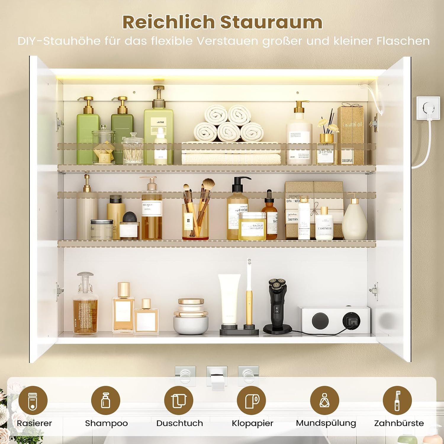 MSMASK Badezimmerspiegelschrank mit LED-Beleuchtung und Steckdose, Lichtschalter, 3 Farbtemperaturen (1-St) 3-stufig höhenverstellbare Ablage – Bild 4 von 5