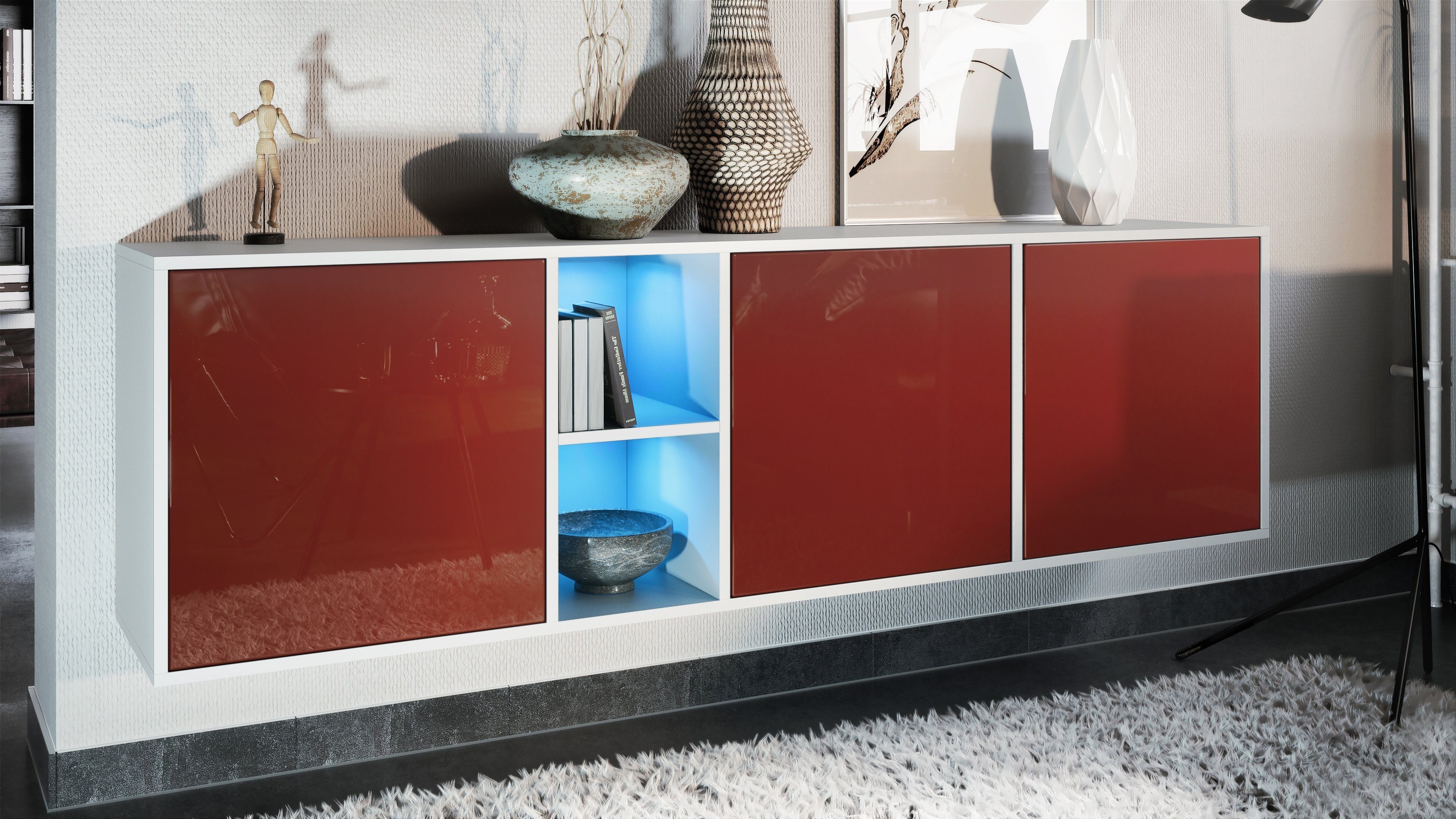 Vladon Sideboard Cuba (Kommode, mit 3 Türen und 2 offene Fächer), Weiß matt/Bordeaux Hochglanz inkl. LED-Beleuchtung (182 x 53 x 35 cm)