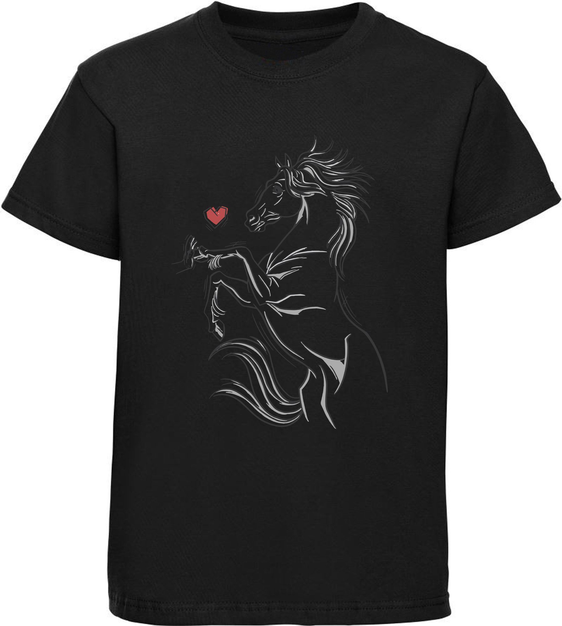 MyDesign24 mit T-Shirt i159 bedrucktes Mädchen Print-Shirt berührt Hand Aufdruck, Baumwollshirt eine schwarz das Pferd
