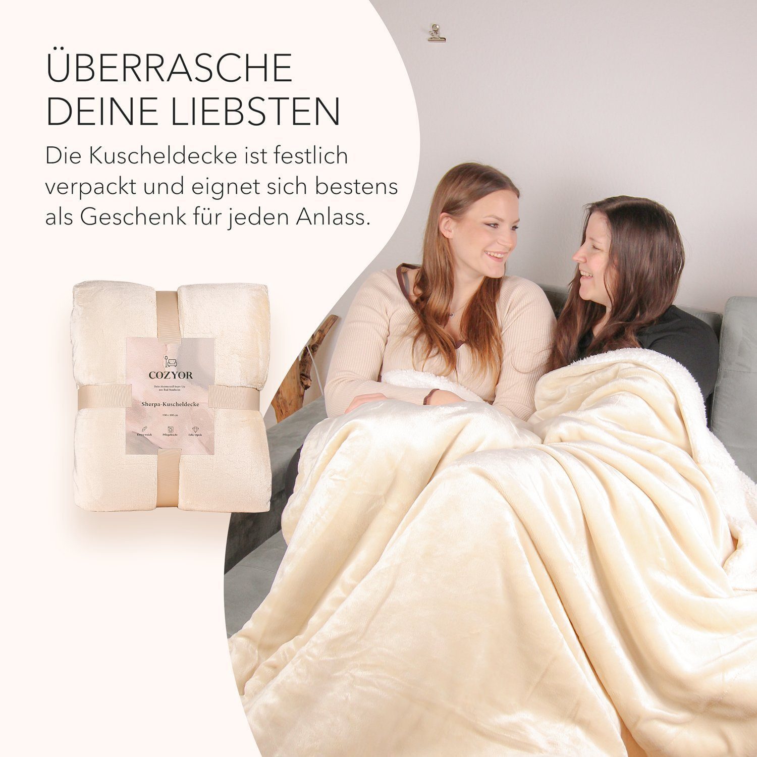 Wohndecke Kuscheldecke XL warm Sherpa, dicke Sofadecke, hochwertige Tagesdecke, Cozyor