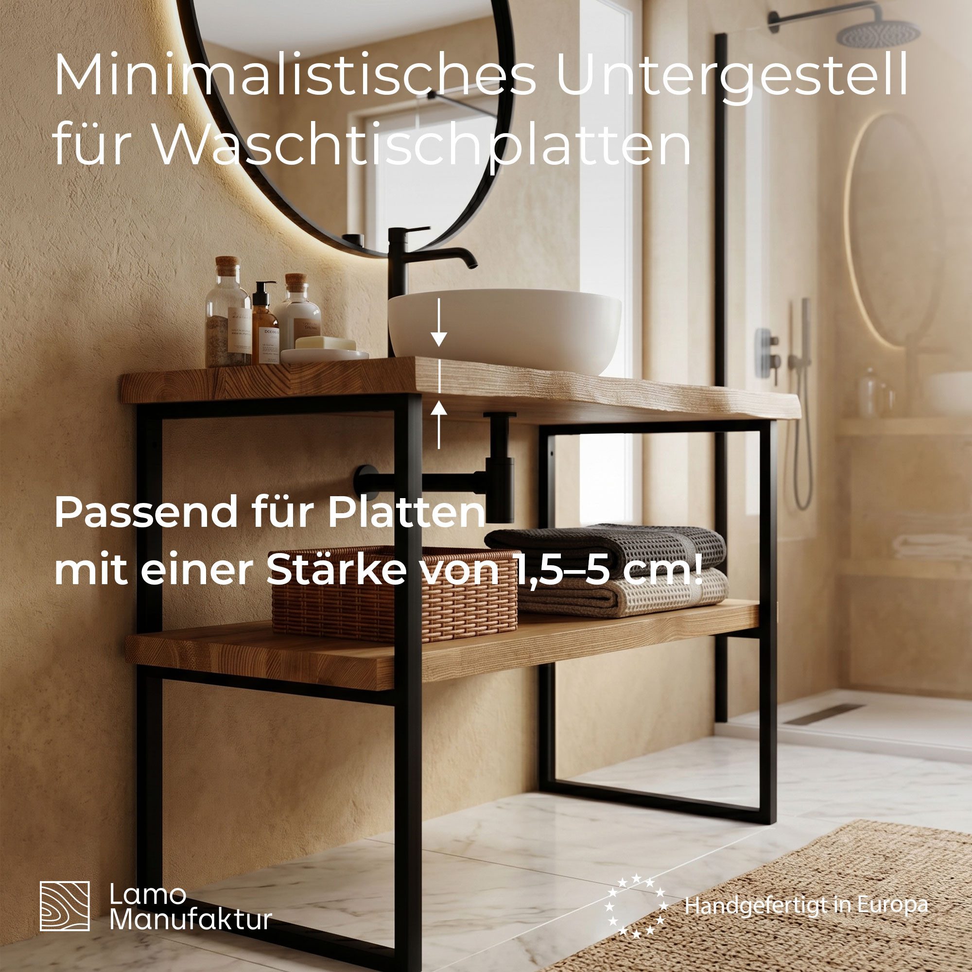 LAMO Manufaktur Wandregalhalter Regalhalterung für Waschtischplatte Metall Schwarz 30x80 cm