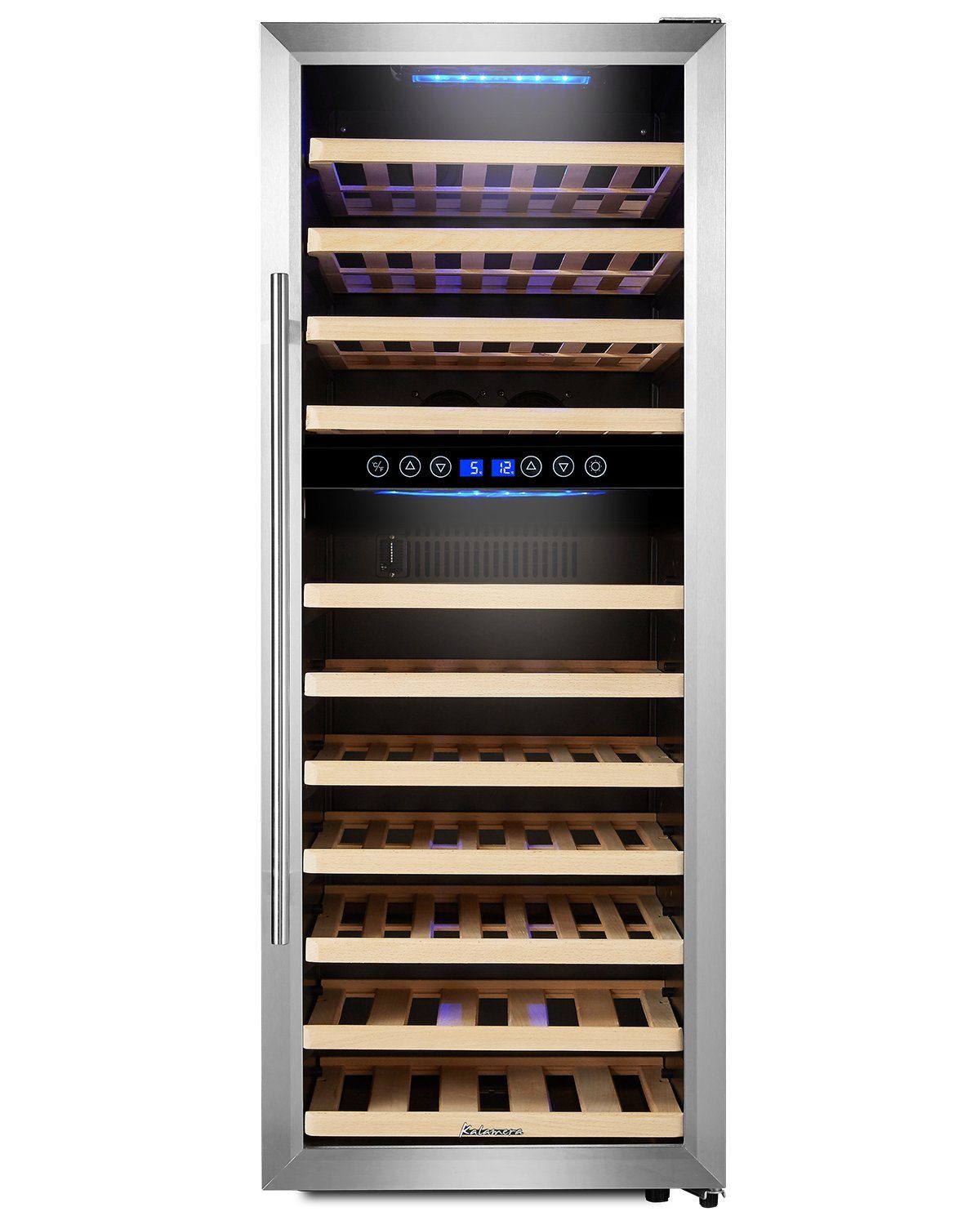 kalamera Weinkühlschrank KRC-73BSS, für 73 Standardflaschen á 0,75l,2 zonen,5-10°C/10-18°C,LED Display, Edelstahl Glastür