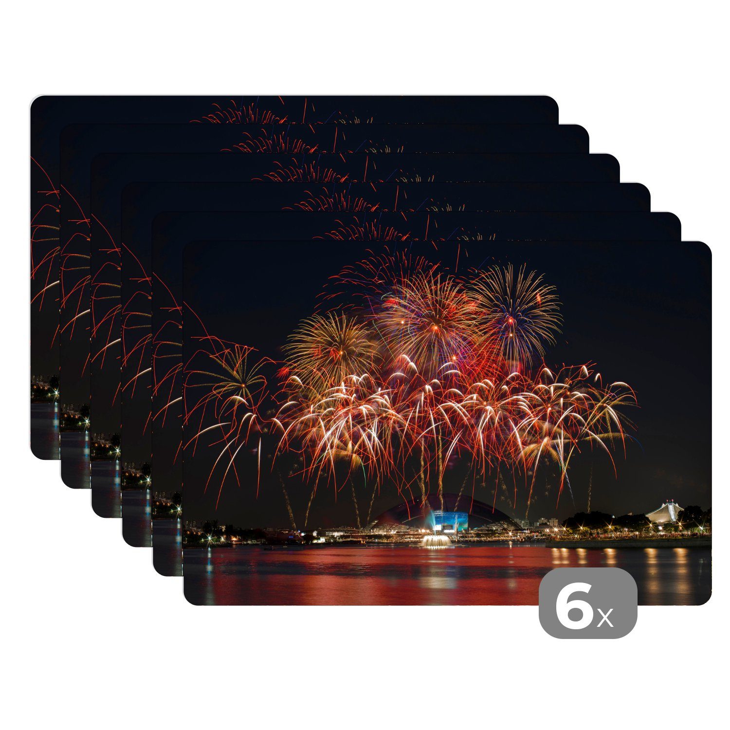 Platzset, Ein Bild vom Feuerwerk in Singapur während der Silvesternacht, MuchoWow, (6-St), Platzset, Platzdecken, Platzmatte, Tischmatten, Schmutzabweisend