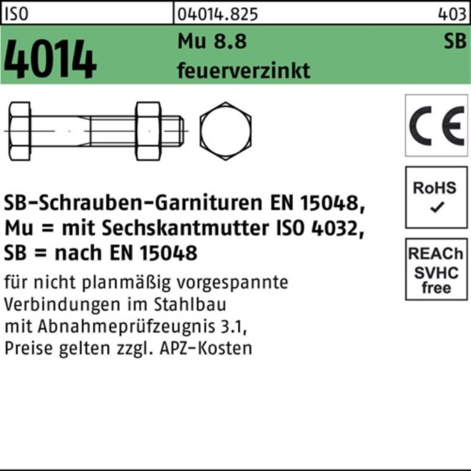 M10x Pack 80 100er Bufab Sechskantschraube Schaft/Mutter ISO 8.8 feuerv Sechskantschraube 4014