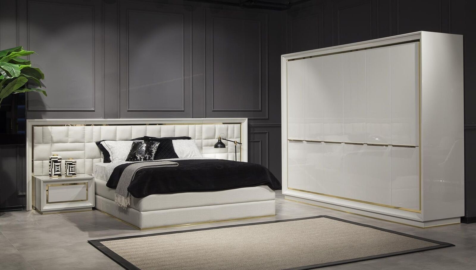 JVmoebel Schlafzimmer-Set Schlafzimmer Möbel Bett Nachttische Weiß Gold Betten Komplett 4tlg, (4-St., 1x Bett + 2x Nachttisch + 1x Kleiderschrank), Made in Europa