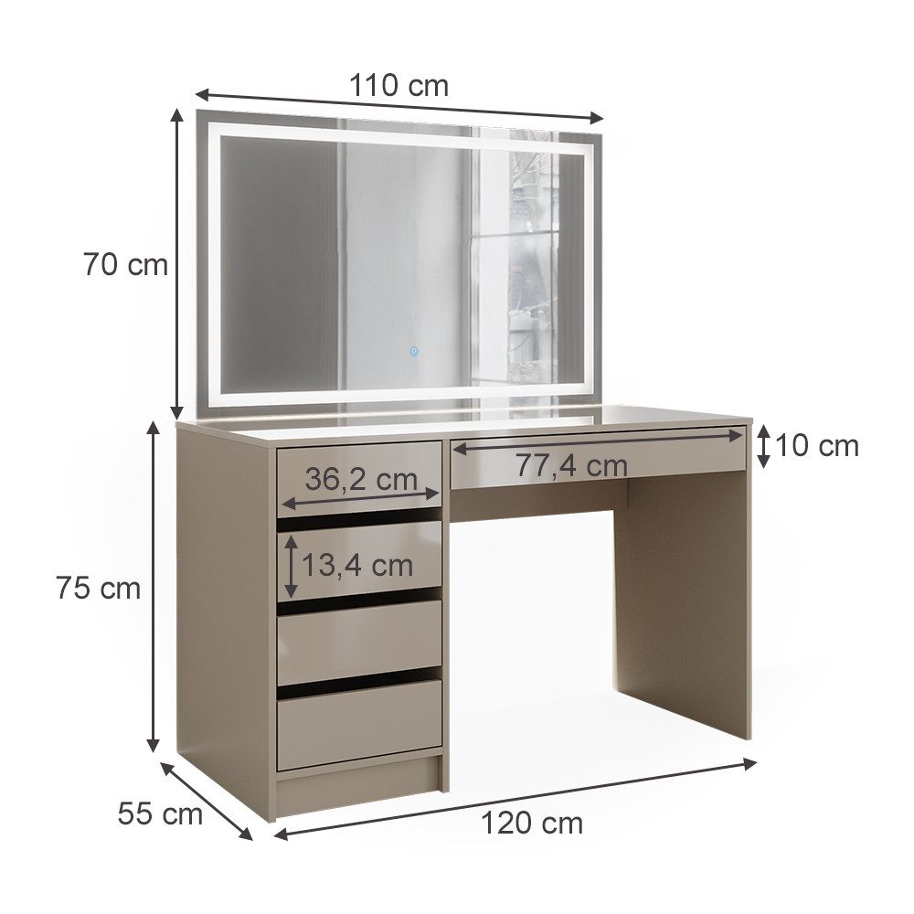 Vicco Schminktisch Sherry, Greige Hochglanz, 120 cm mit LED-Spiegel (3-St)