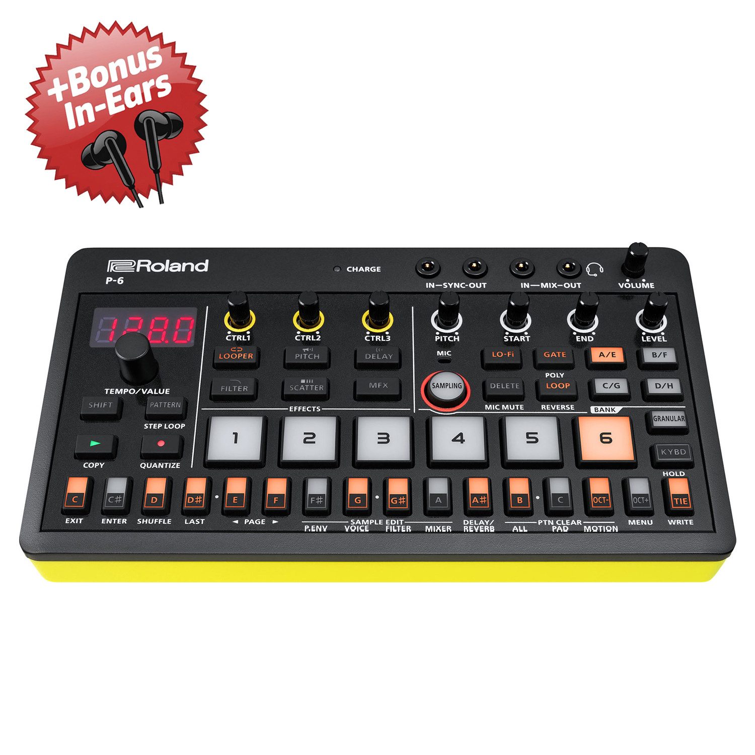 Roland Audio Roland Aira P-6 Creative Sampler + Bonus In-Ear Kopfhörer Digitales Aufnahmegerät (Sampler im Taschenformat)