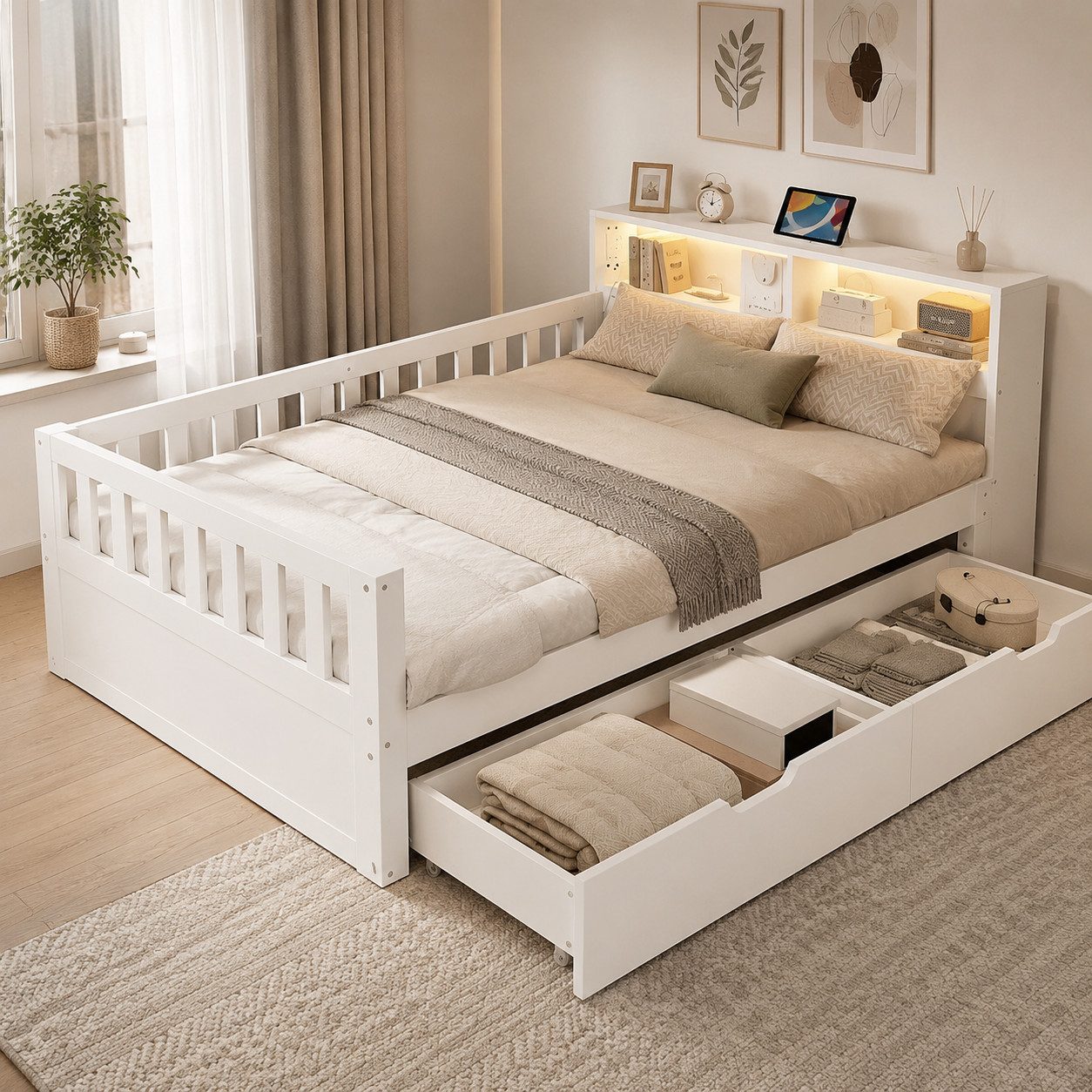BlingBin Holzbett 90 × 200 cm,Multifunktionales Kinderbett Einzelbett,Sicherheitsgitter (2 Packung, 1-tlg., Ausgestattet Mit Steckdose und LED-Beleuchtung), Mit Schubladen, Ablage und Staufächern,Weiß