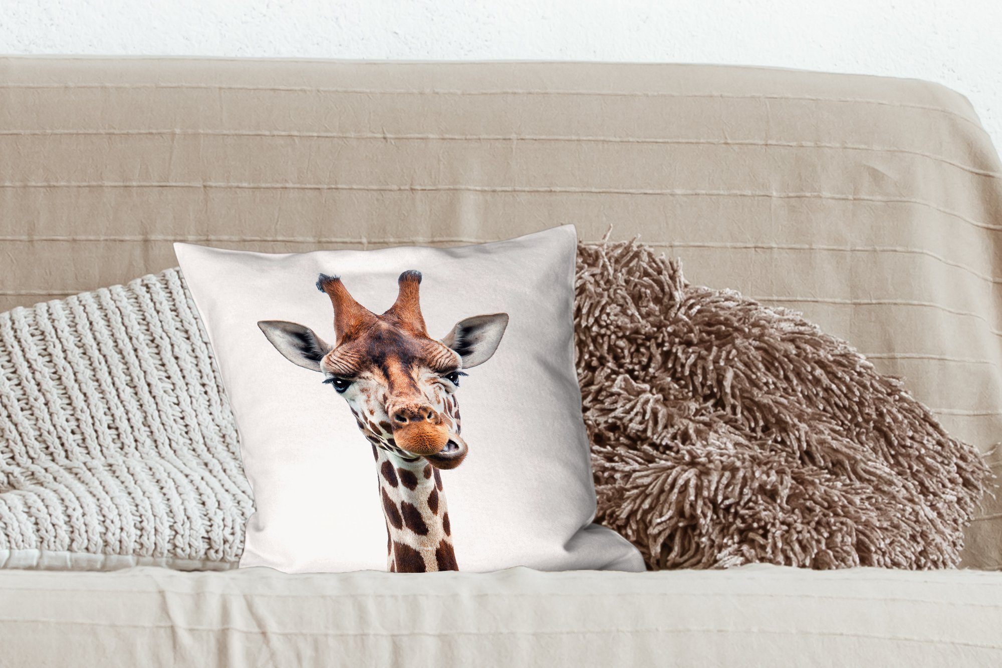 Wohzimmer, Giraffe Kind Jungen Schlafzimmer, Mädchen, - Deko, Porträt MuchoWow Kopf - Dekokissen Sofakissen Tiere - Füllung - mit - für Zierkissen -