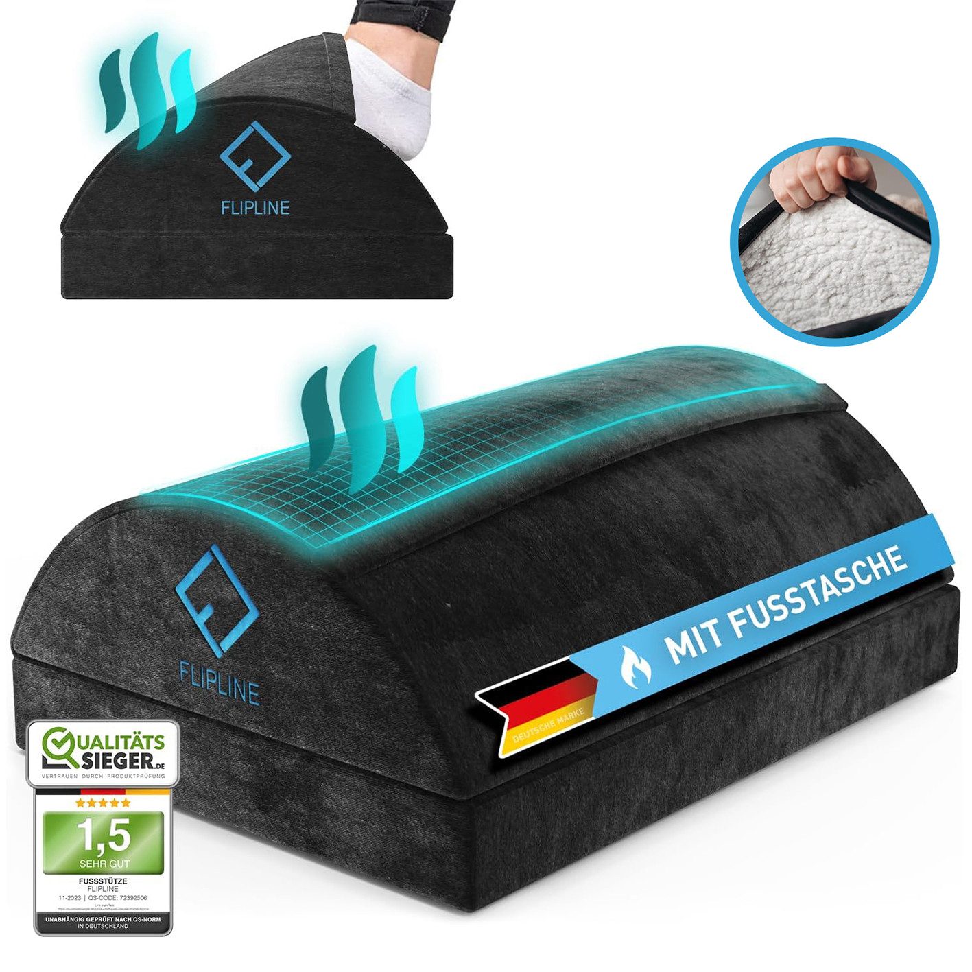 FLIPLINE® Fußstütze Fußstütze Fußablage Winter schwarz, Komfort im Büro Homeoffice Sofa Entlastung Entspannung