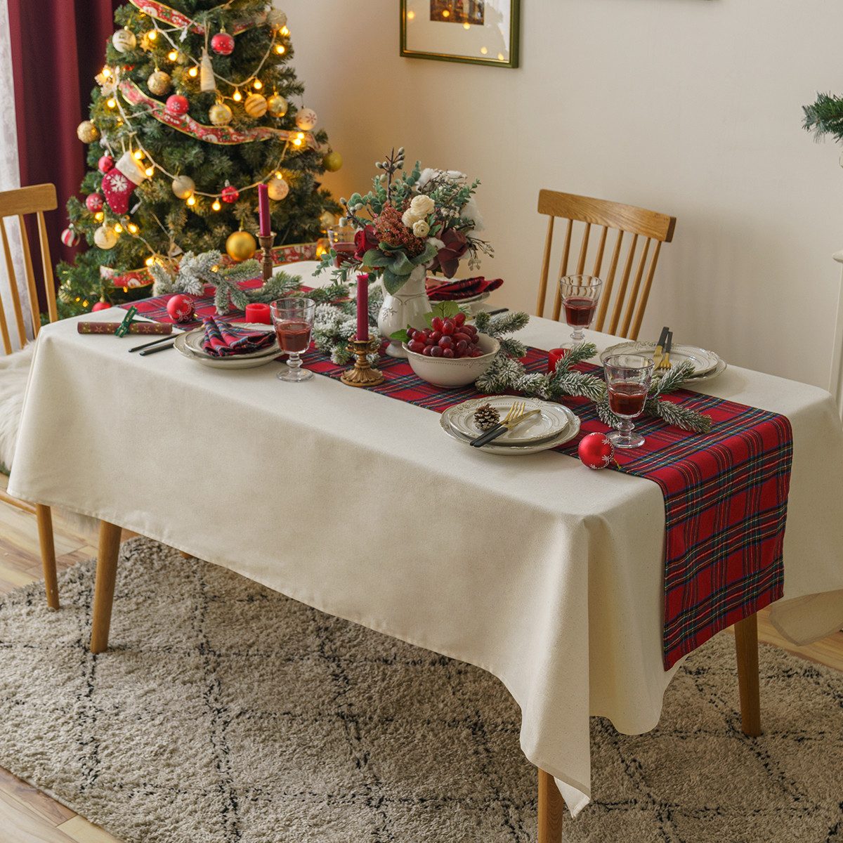BTTO Tischdecke Tischdecke Weihnachtlich kariertes,Tischläufer Platzsets, Weihnachten kariert,Weihnachtstischdecke