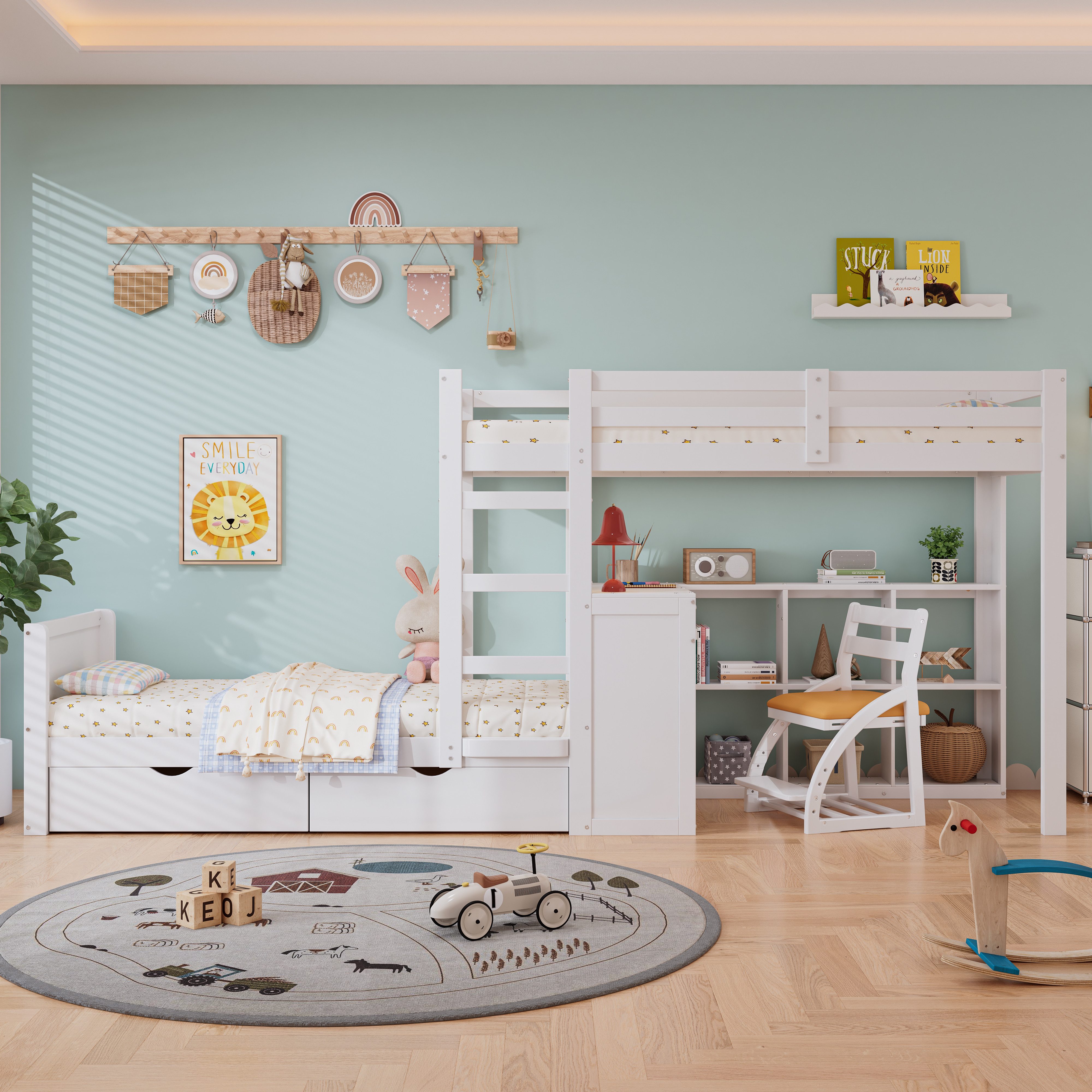 Merax Etagenbett 90x200cm mit Schreibtisch, Regal & Schubladen (1-St., Kief günstig online kaufen