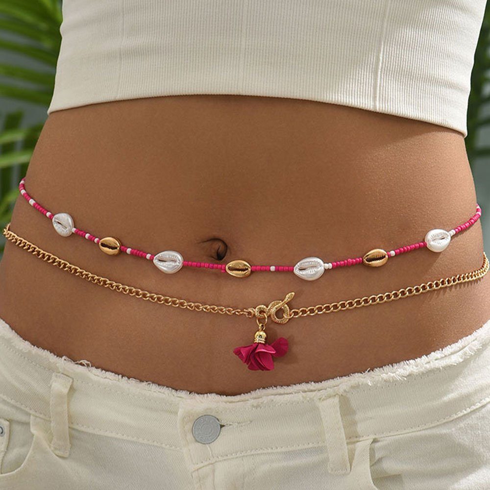 LAKKEC Charm-Kette Taillenkette Körperkette Muschel Perlen gewebte Blume Damenschmuck