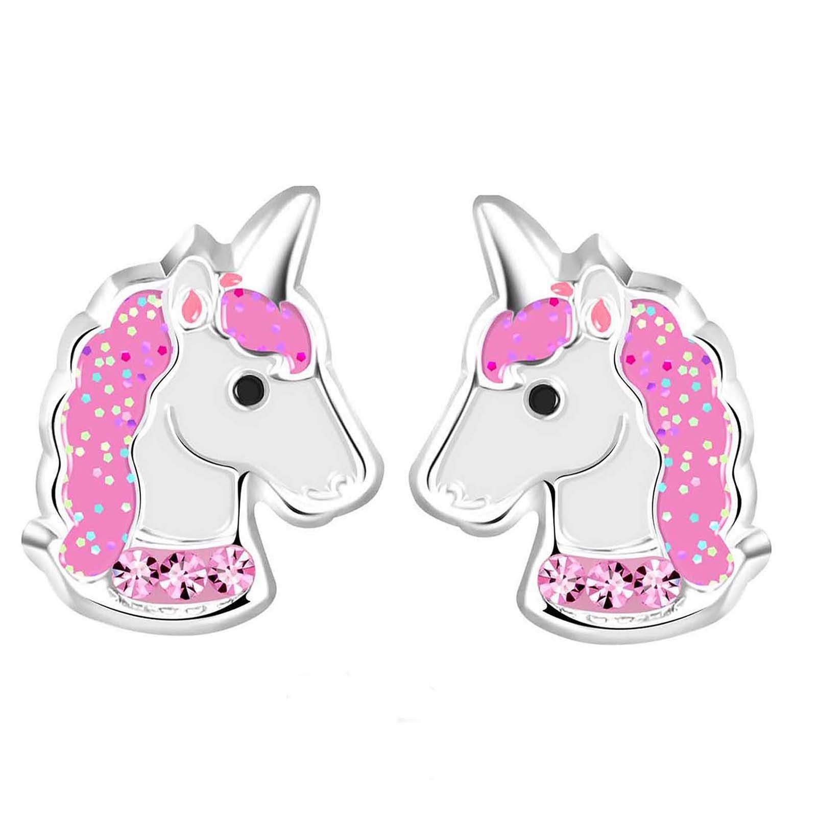 schmuck23 Paar Ohrstecker Kinder Ohrringe Geschenk Einhorn Kinderschmuck Silber, Pink 925 Pferd Mädchen