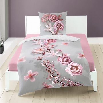 Wendebettwäsche Pink Rose, BIERBAUM, Mako-Satin, 2 teilig, mit floralem Print
